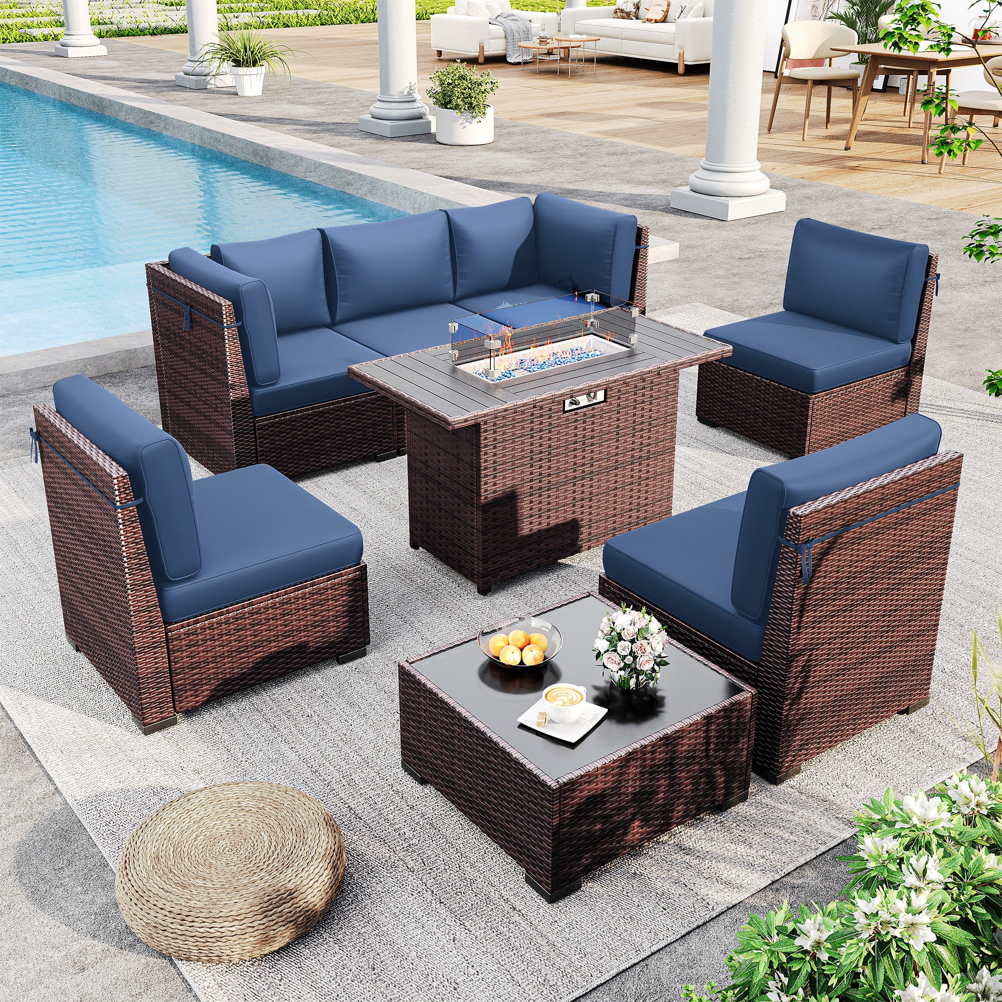 MRUAKA 8 Pieces Patio Furniture Set with Fire Pit Table, Outdoor Furniture Sectional Rattan Sofa with Slanted Back, Patio Couch with Glass Coffee Table for Backyard Garden (Dark Grey) - Image 33