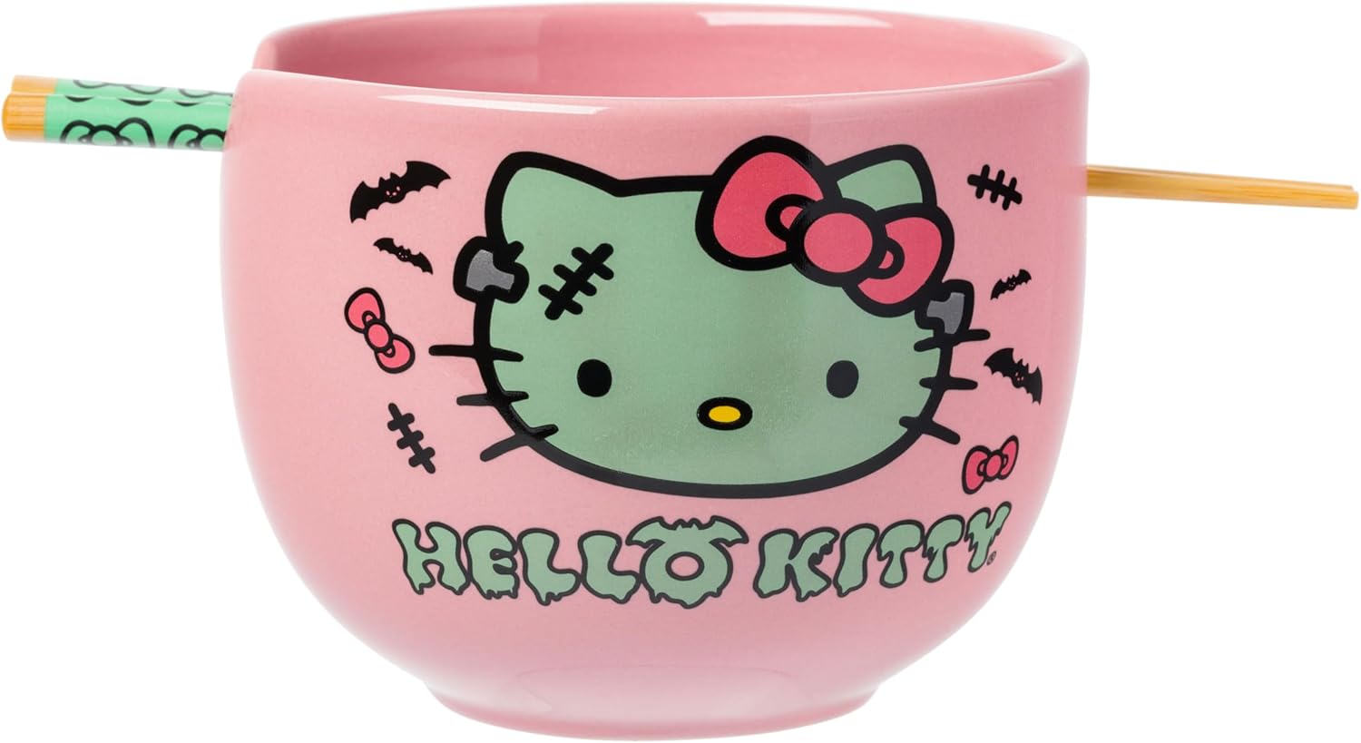 Silver Buffalo Sanrio Hello Kitty Face with Different Color Bows Pattern Ceramic Ramen Noodle Rice Bowl with Chopsticks, Microwave Safe, 20 Ounces