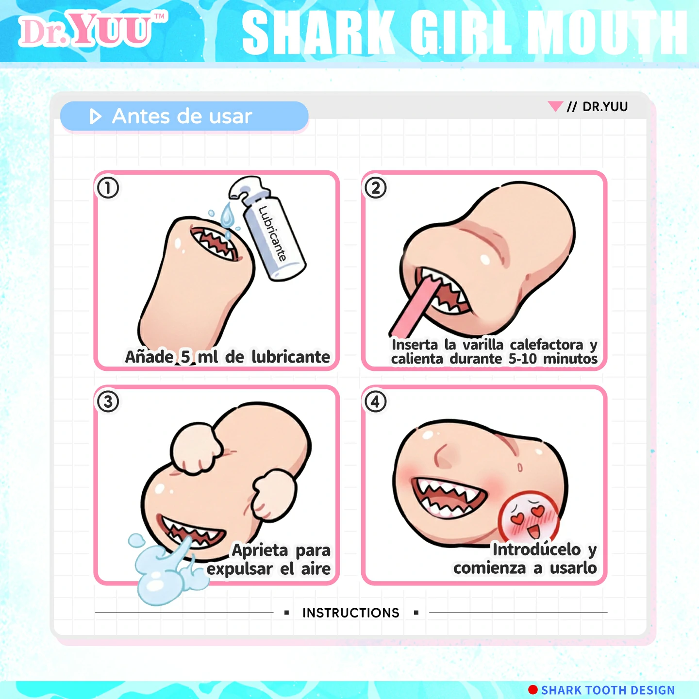 Instrucciones de uso del masturbador Shark Girl Dr.YUU con lubricante y calentamiento previo.