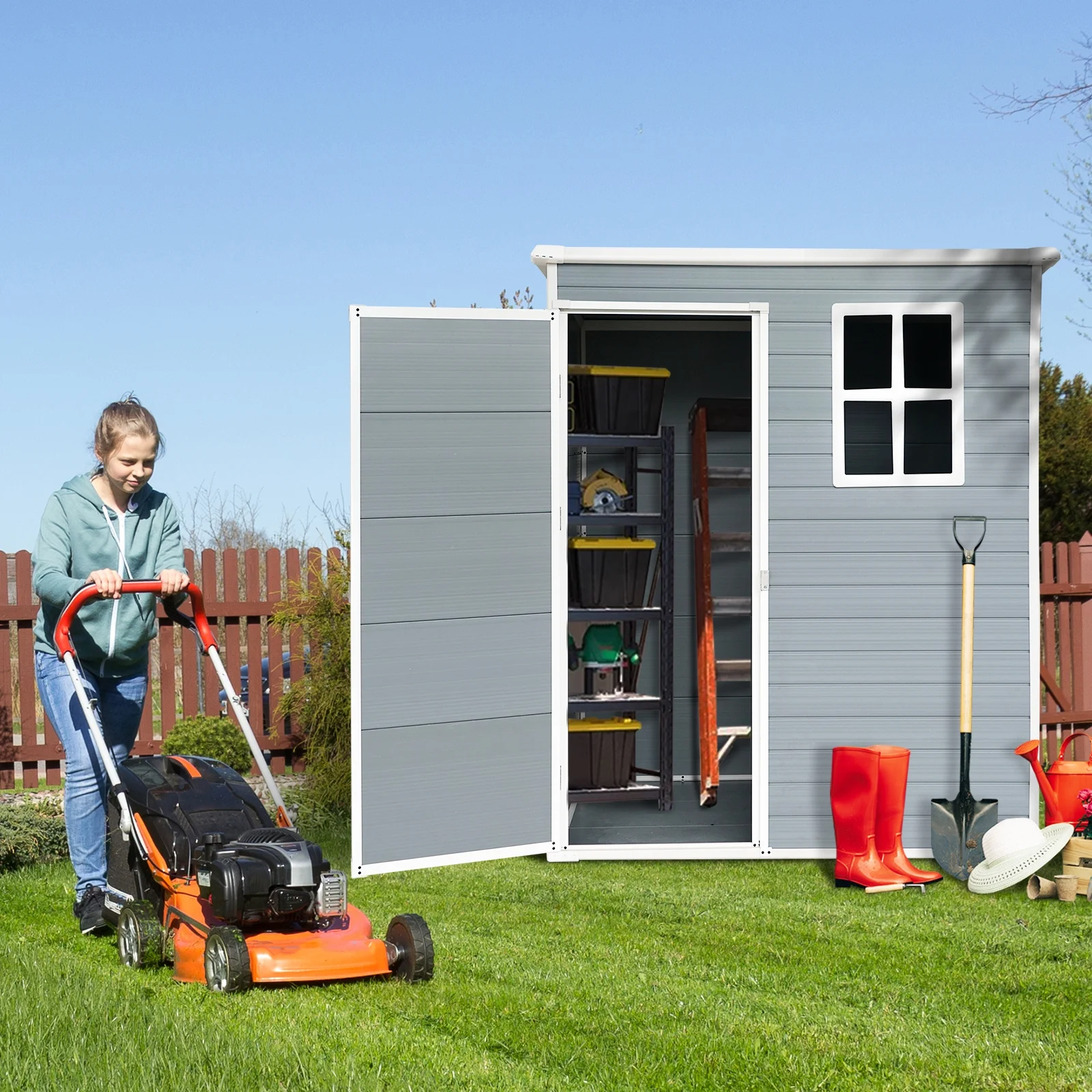 5'-3' Outdoor Storage Shed, Resin Storage Cabinet, Garden Tool Shed with Double Lockable Doors, Organizer Cabinet for Patio Yard, Gray - Image 9