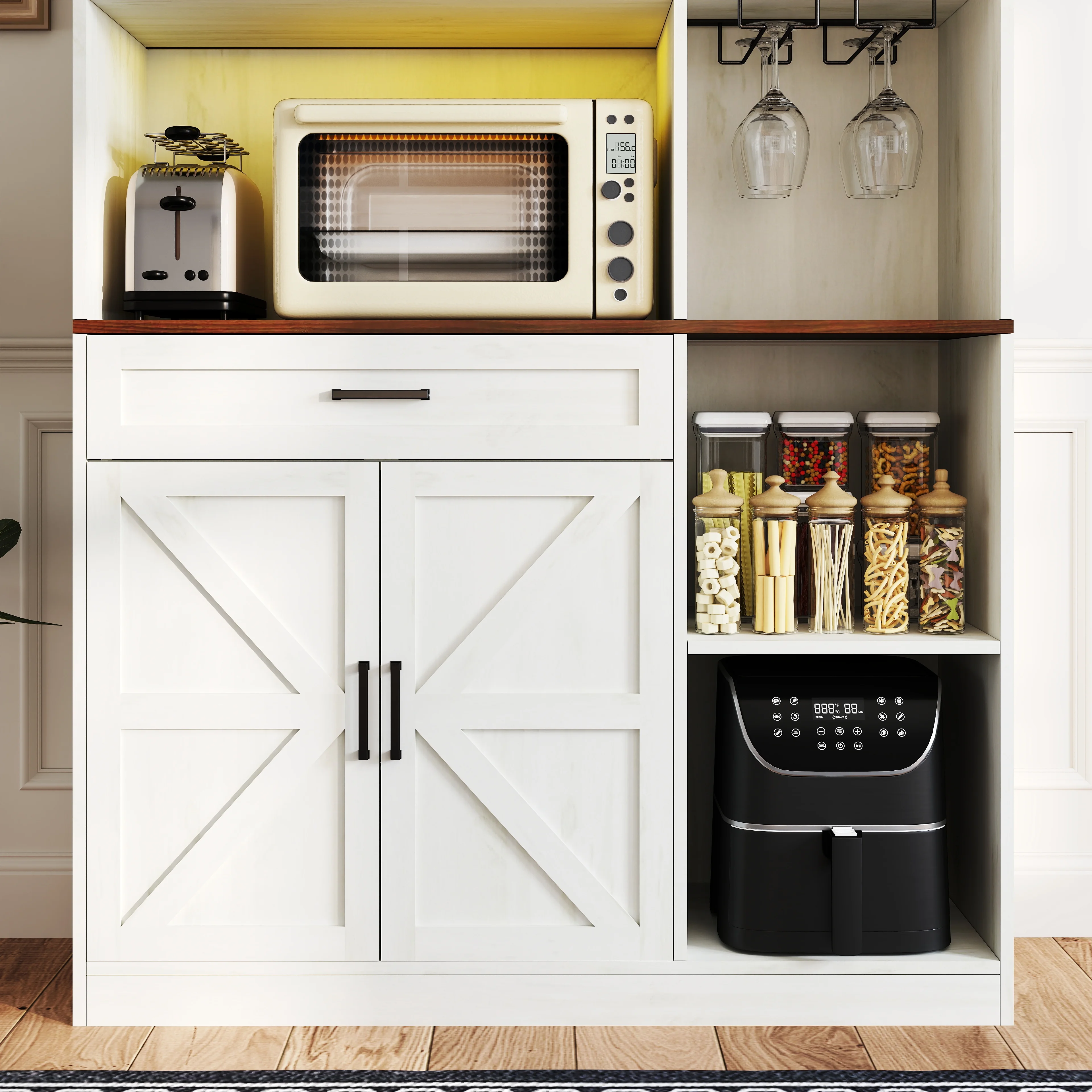 TrumanPick 61"H Large Buffet Sideboard Cabinet, TV Cabinet, Kitchen Pantry for Dining Room, Living Room, 61.3''L x 15''W x 29.8''H, White/Walnut - Image 65