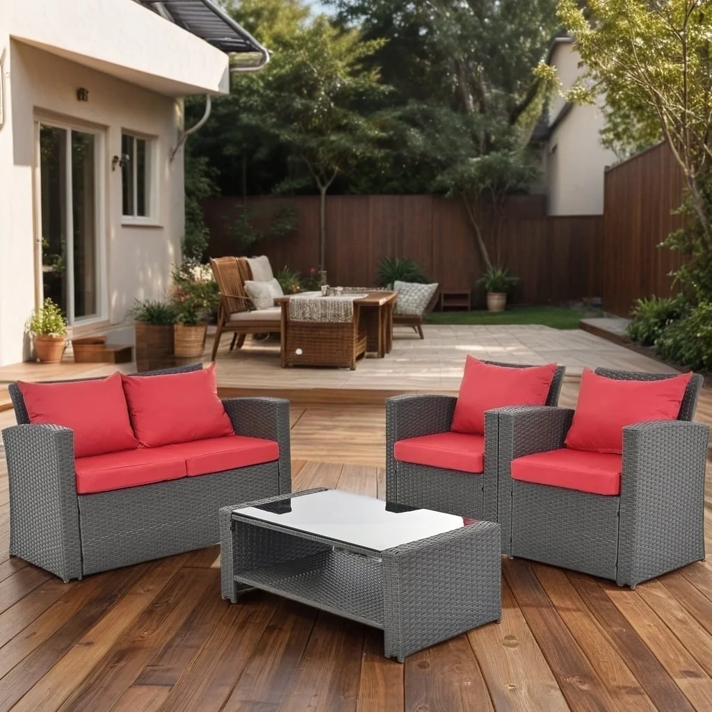 4 Pieces Patio Conversation Set, Outdoor Furniture Set with Cushion, Outside Sectional Rattan Wicker Sofa Furniture Set for Garden, Porch, Backyard, Gray - Image 22