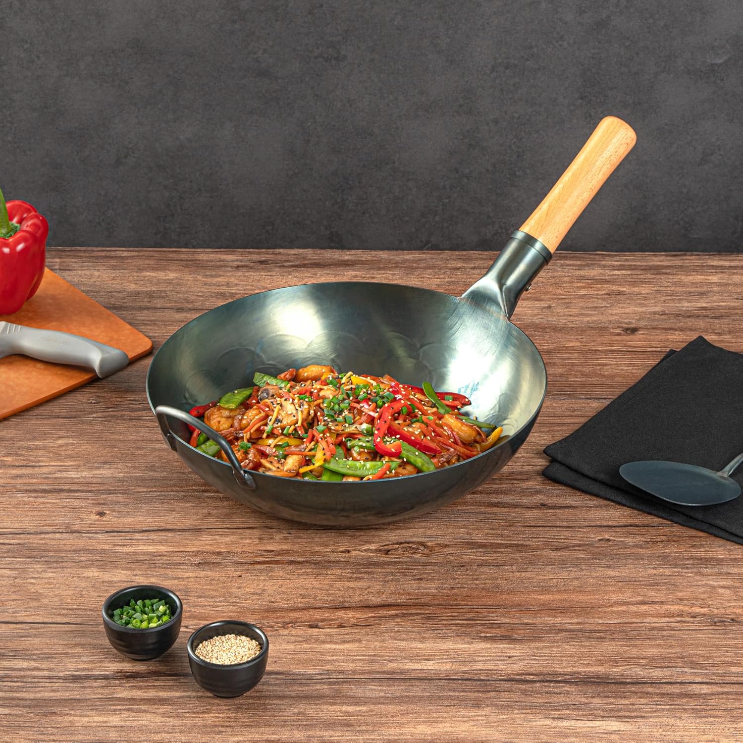 Restaurantware Carbon Steel Wok 1 Pack of 12 Inch Heavy-Duty Stir Fry Pan Blue Hand Hammered Wok Efficient Maneuvering Steel Helper Handle Uniform Heat Distribution Asian Cooking