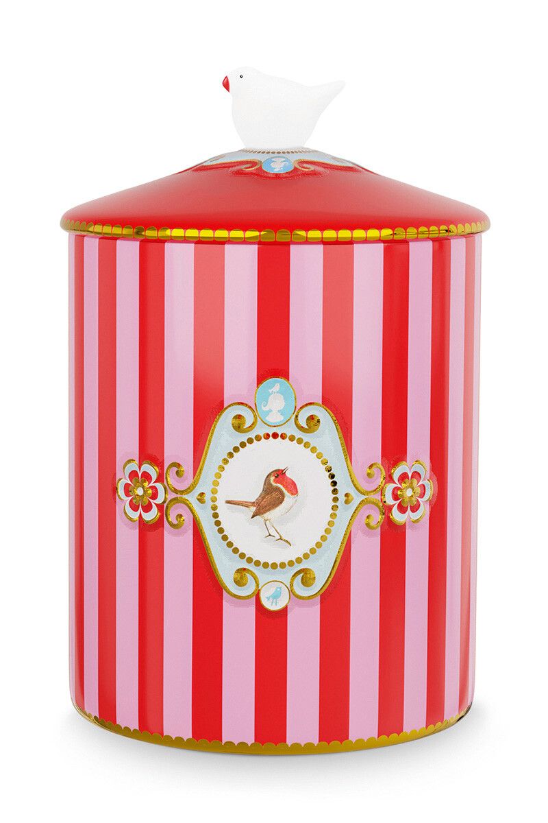 Storage Jar Love Birds Medallion Stripes Red-Pink