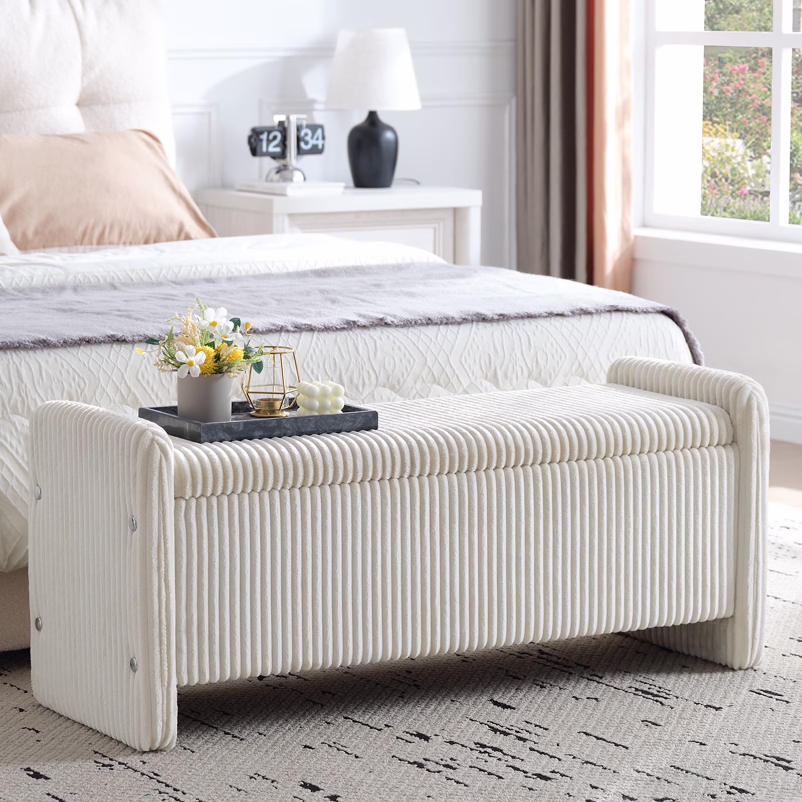 Pinmoco 44" Storage Ottoman Bench, Upholstered Entryway Bench with Storage End of Bed Bench for Bedroom& Living Room, Corduroy Gray - Image 3