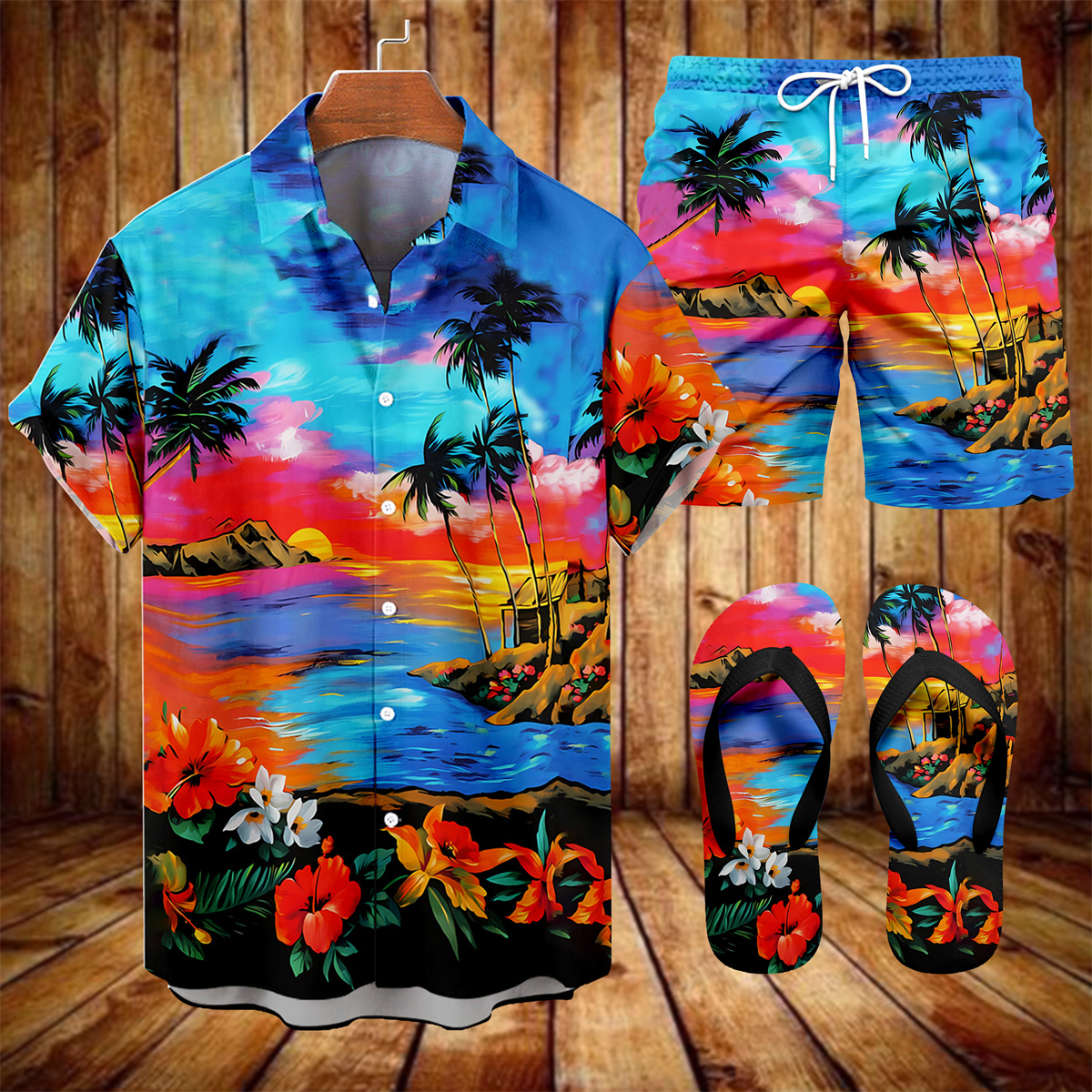 Suitmens Men's Men's Tiki Style Hawaiian Vacation Print Three-Piece Set 036