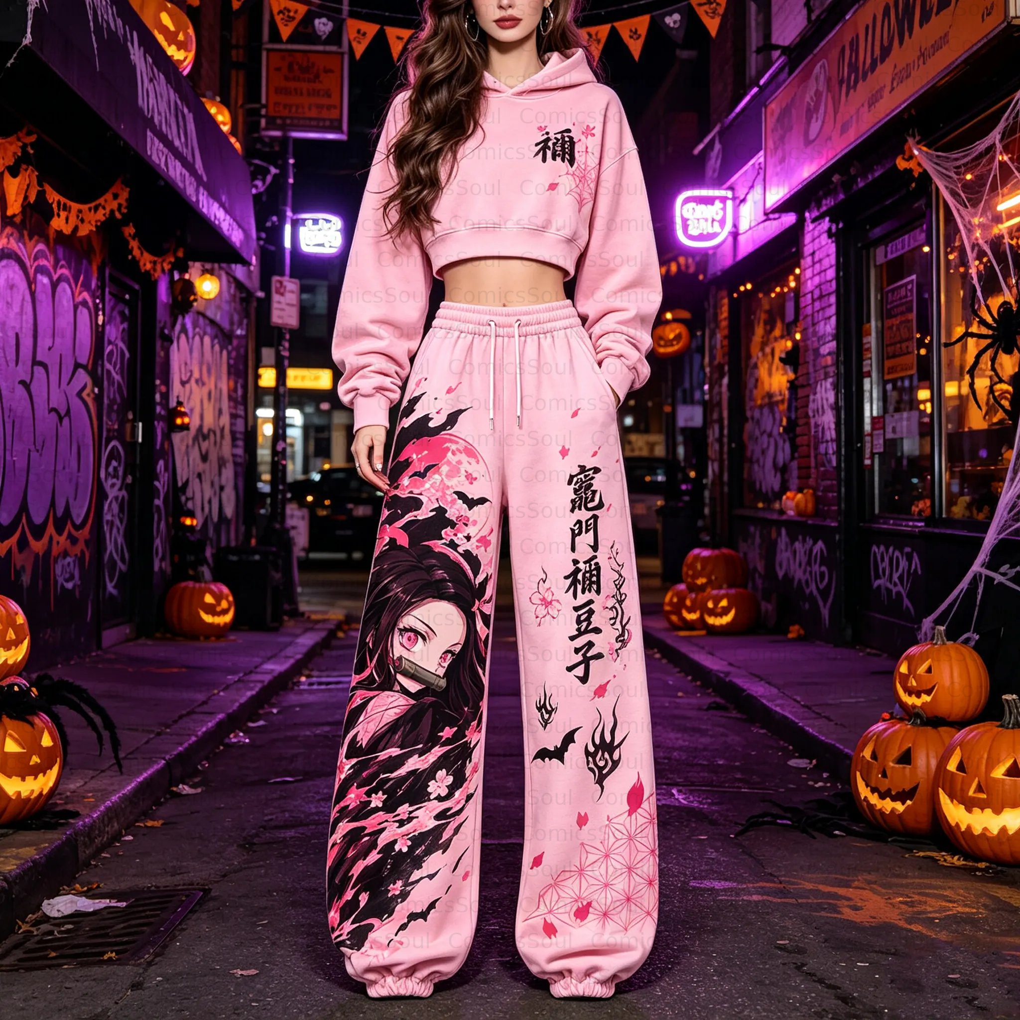 Demon Slayer Cropped Long Sleeve Hoodie & High Waist Jogger Pants Two Piece TeeThreads Sustain the Scene with Custom Apparel