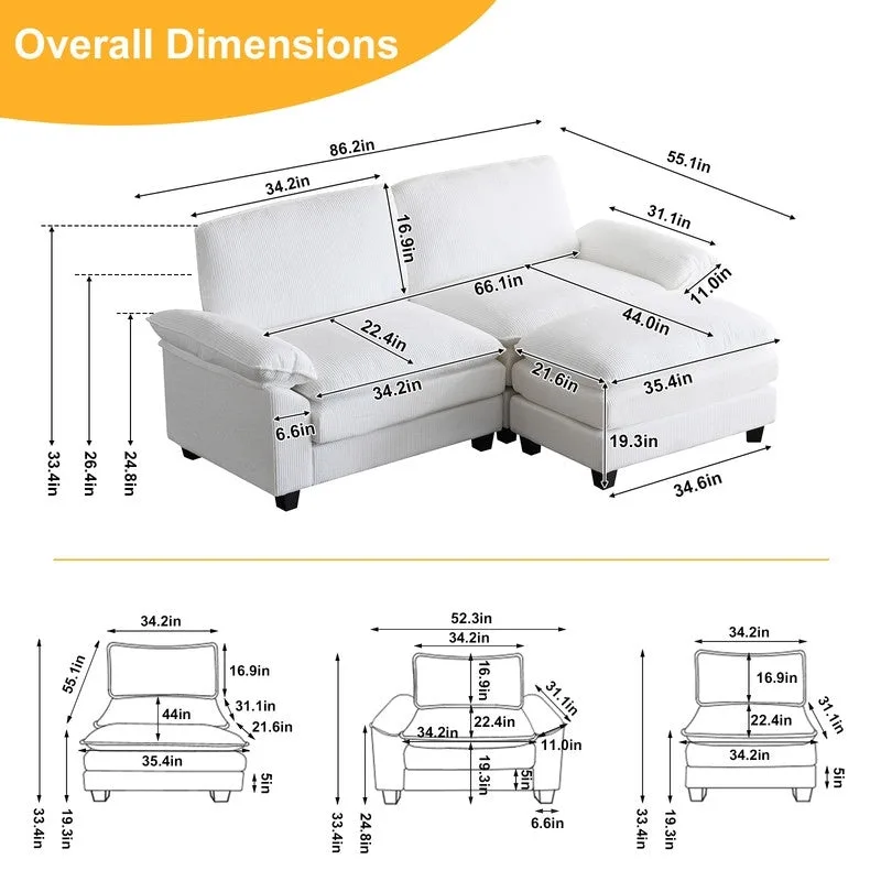 Chenille Two-Seater Sofa with Footstool - 2+1 Indoor Double Bag, Dimensions: 217*141*85