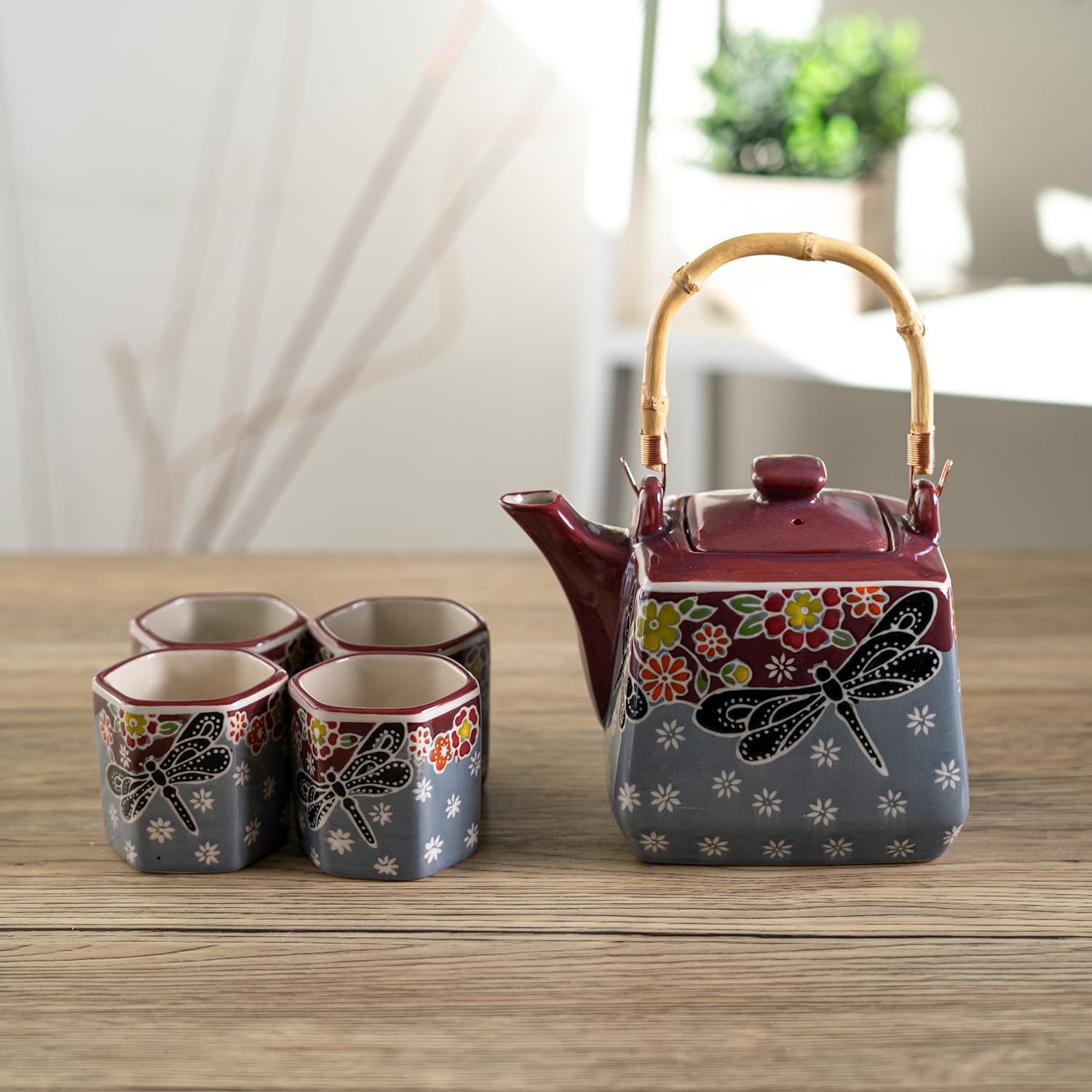 Urban Tokyo Japanese Style Cube Shape 20oz Porcelain Tea Set Teapot with Strainer, Wooden Handle and 4 Hexagon Tea Cups, Dragonfly Tombo Floral Design