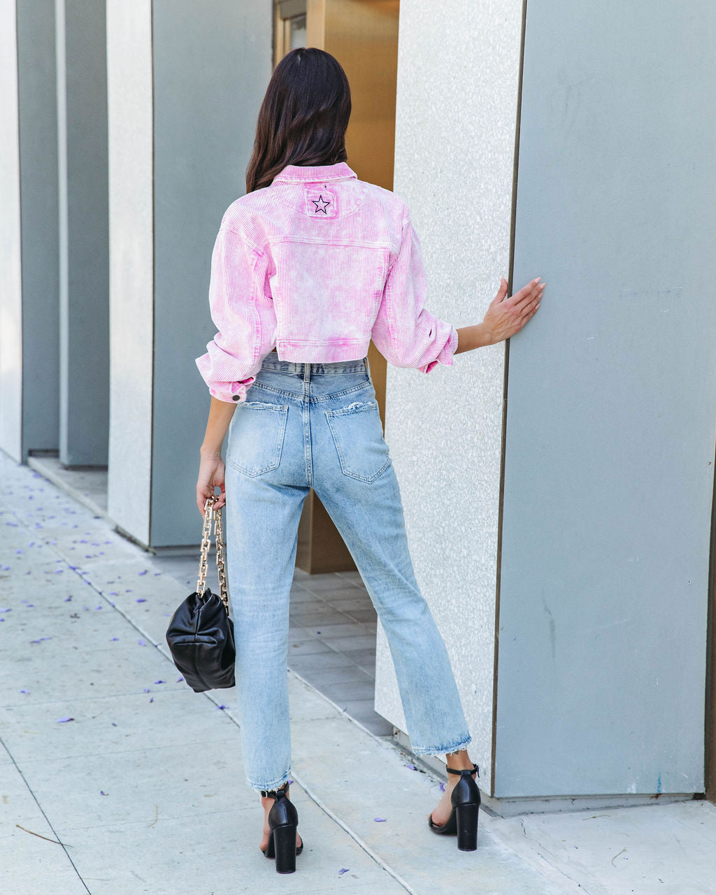 Adaley Cotton Distressed Crop Corduroy Jacket - Pink - FINAL SALE - Se7enfashion