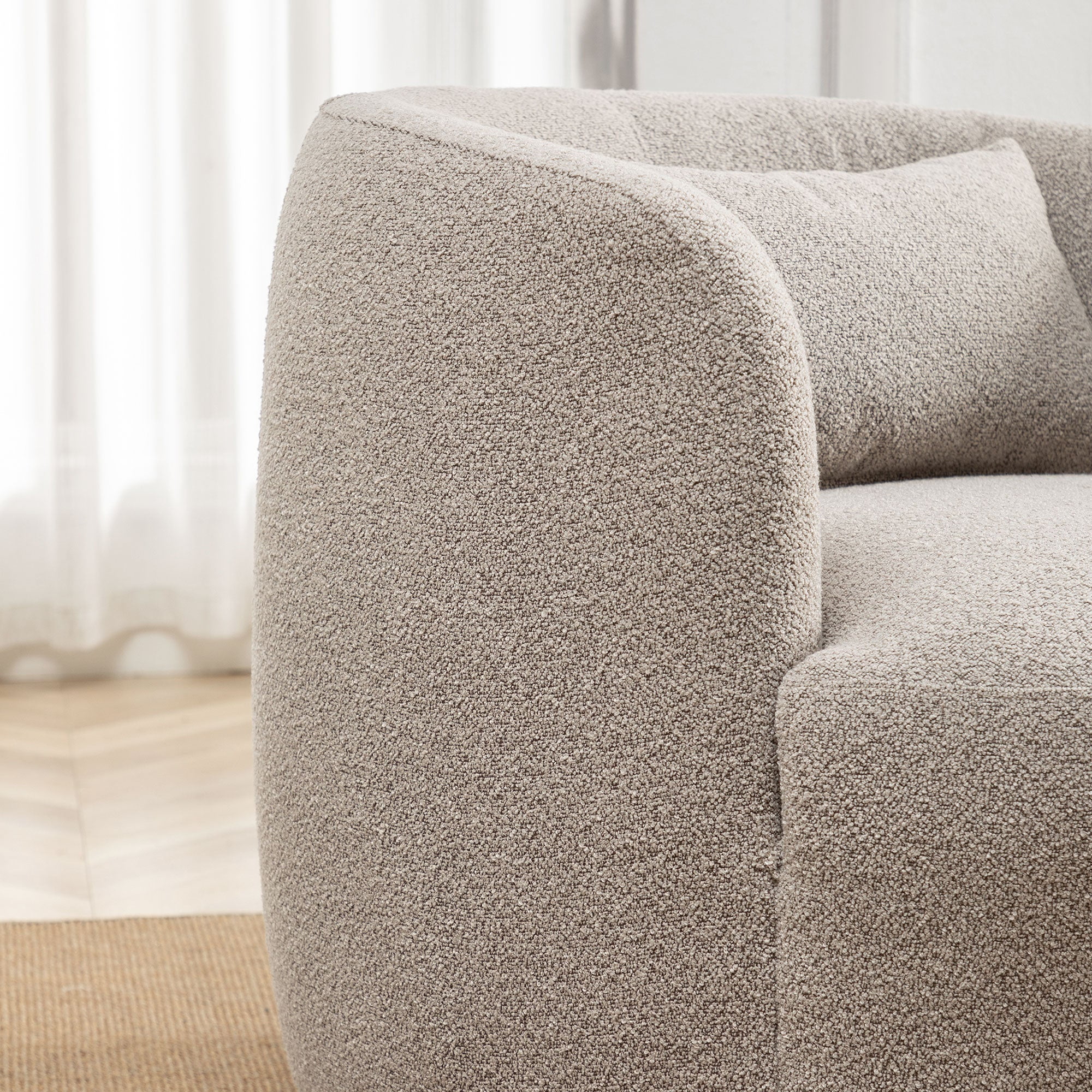 34" Wide Boucle Swivel Barrel Chair, No Assembly Round Upholstered Armchair Accent Chair Single Sofa Chair with Toss Pillow for Living Room and Bedroom, Taupe - Image 8