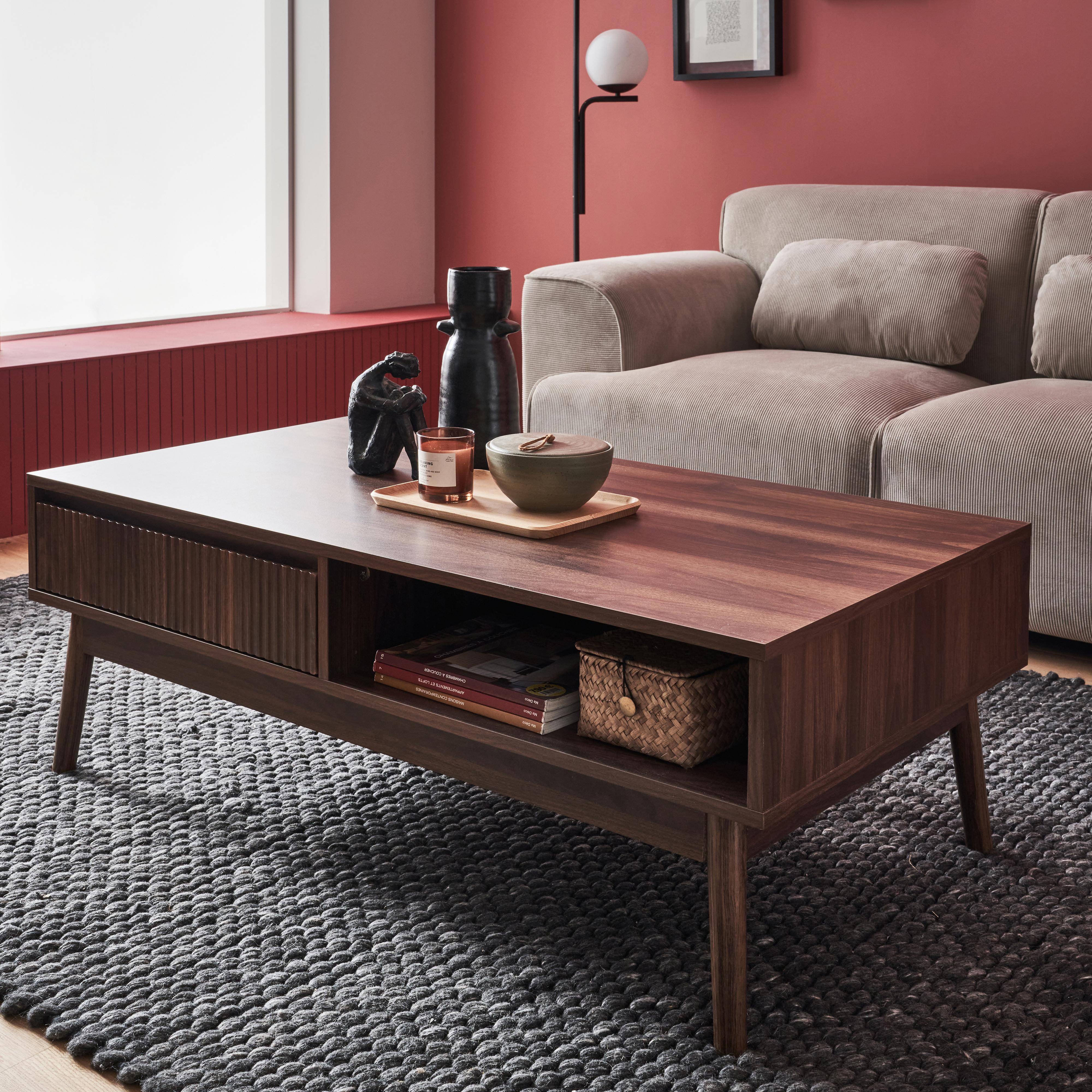 Linear - Mesa de centro con decoración de madera, 1 cajón