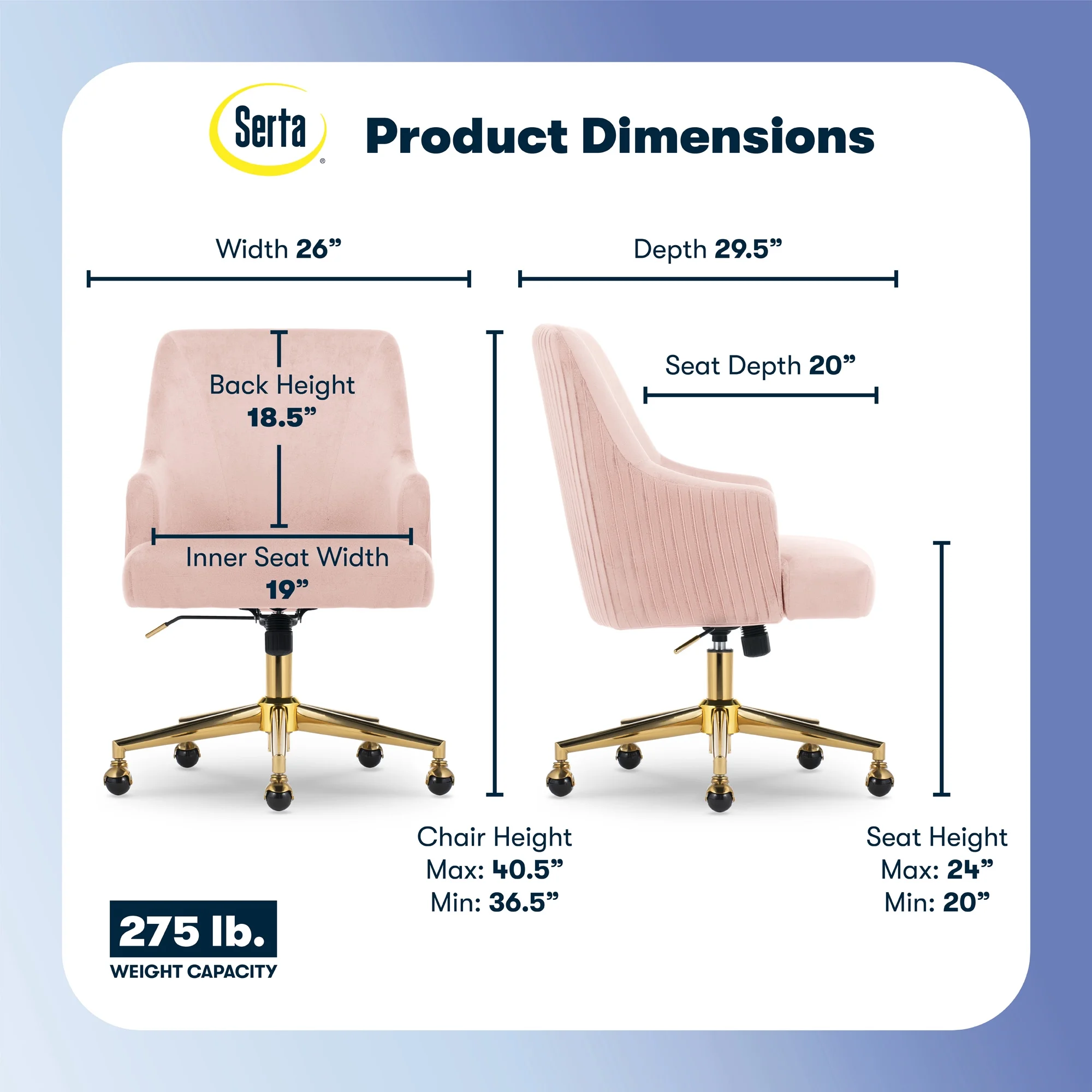 Serta Scarlett Modern Mid-Back Office Chair Velvet Fabric Gold Metal Base Pink - Image 3