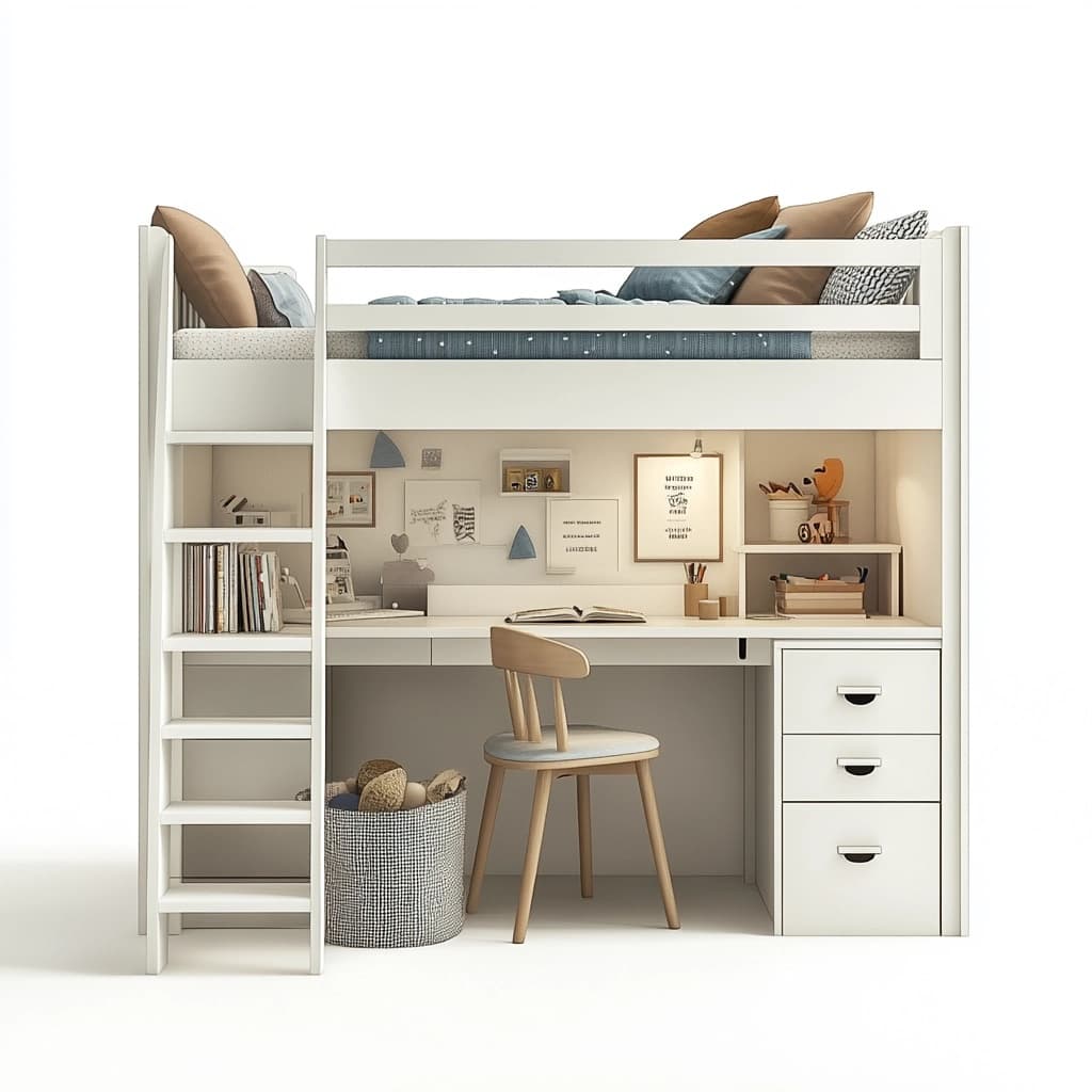 Cama litera alta con escritorio madera blanca y silla integrada 90x200 cm Blanco