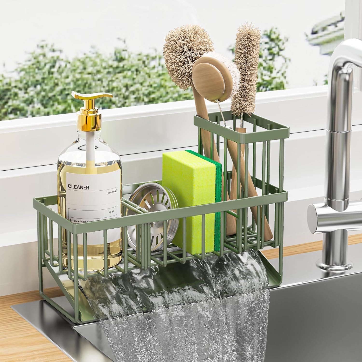 Cisily Sink Caddy Organzier with High Brush Holder, Sponge Holder for Sink, 304 Rustproof Stainless, Kitchen Countertop Soap Dispenser Organizer, Dark Gray Kitchen Decor and Accessories