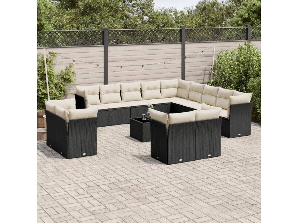 Set sofás de jardín 14 piezas con cojines ratán sintético negro