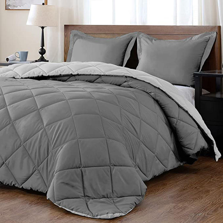 4PCS Comforter Set Reversible 2-Tone Diamond Quilted Bedding Soft Polyester Down Alternative Bed Set