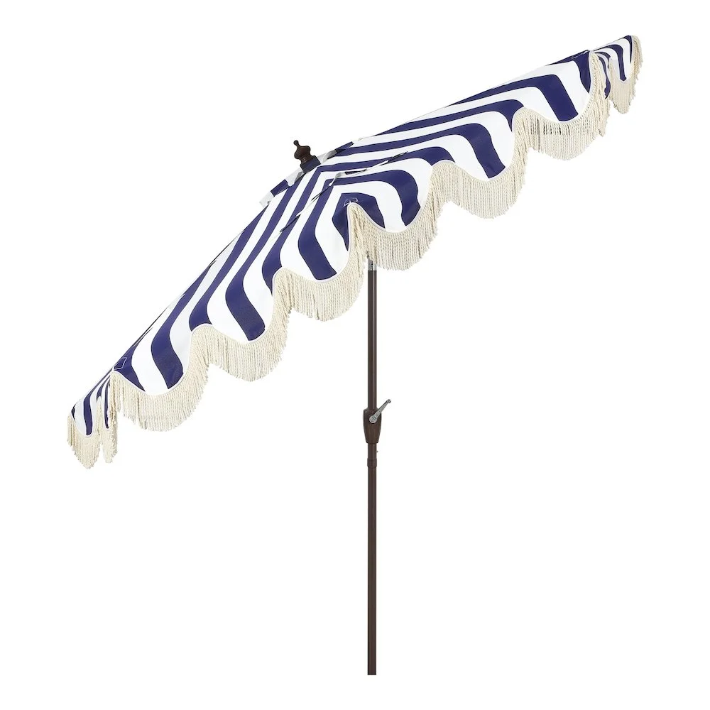 JONATHAN Y Beverly 9 ft. Half Market Patio Umbrella, Designer Classic Scalloped Fringe with Crank, Tilt Button and UV Protection, Blue/White/Cream, Dark Brown Pole - Image 45