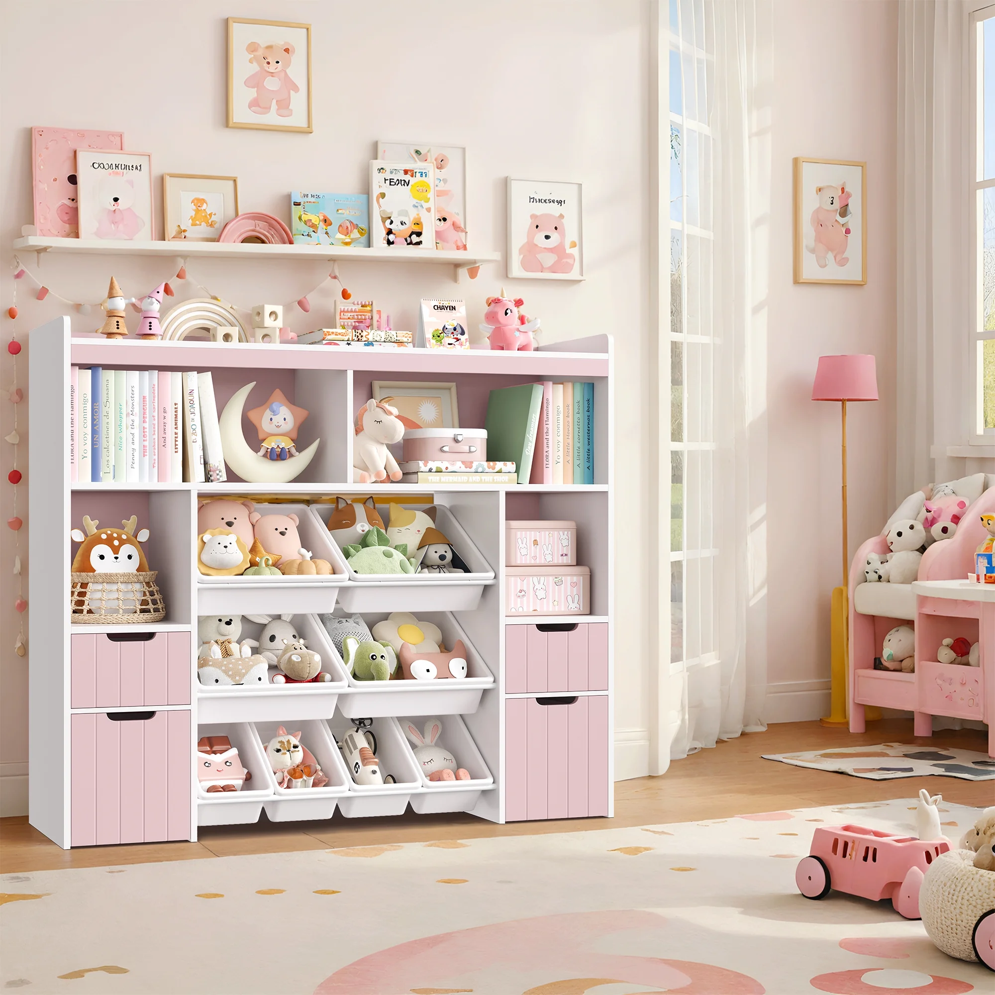 Homfa Kids Toy Storage Organizer with Cubby, Kids Toy Storage Chest with Removable Drawers, Kids Bookcase for Playroom Bedroom Living Room, Pink - Image 9