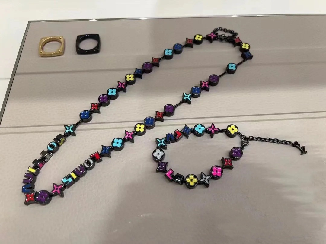 Louis Vuitton Black Gold Colorful Enamel Charms Bracelet Necklace for Men - Original Replica Club