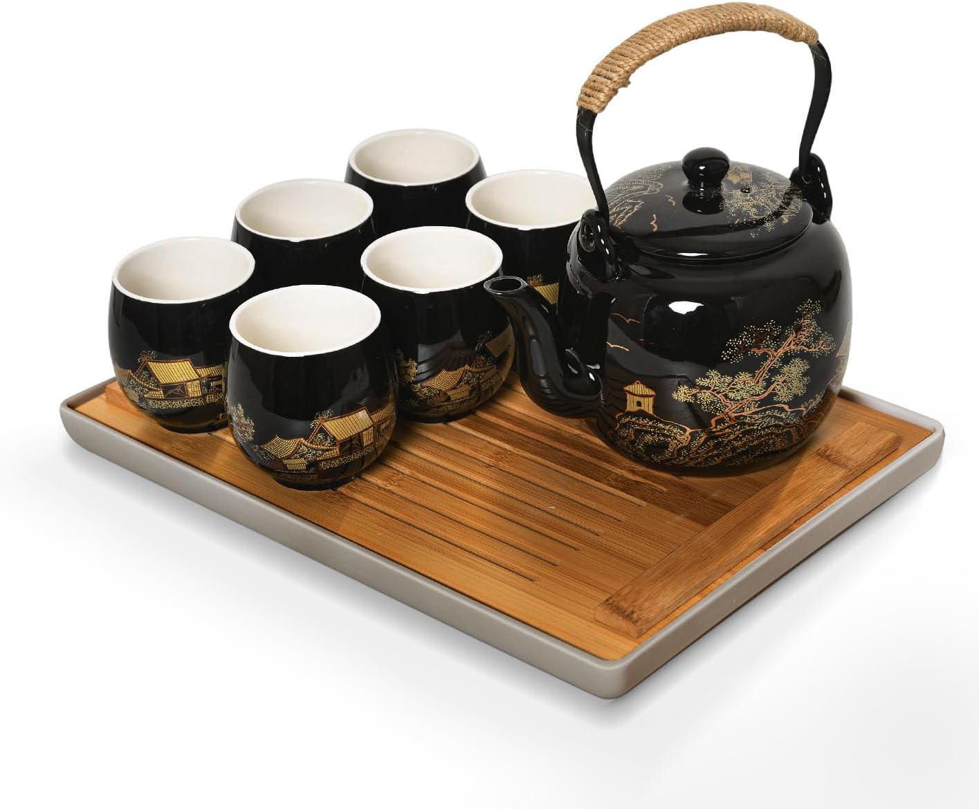 Japanese Tea Set for Adults - Elegant Golden Countryside Theme with Teapot, 6 Cups & Tea Tray, Stainless Steel Infuser - Traditional Asian Gift for Women Men, Housewarming, Wedding