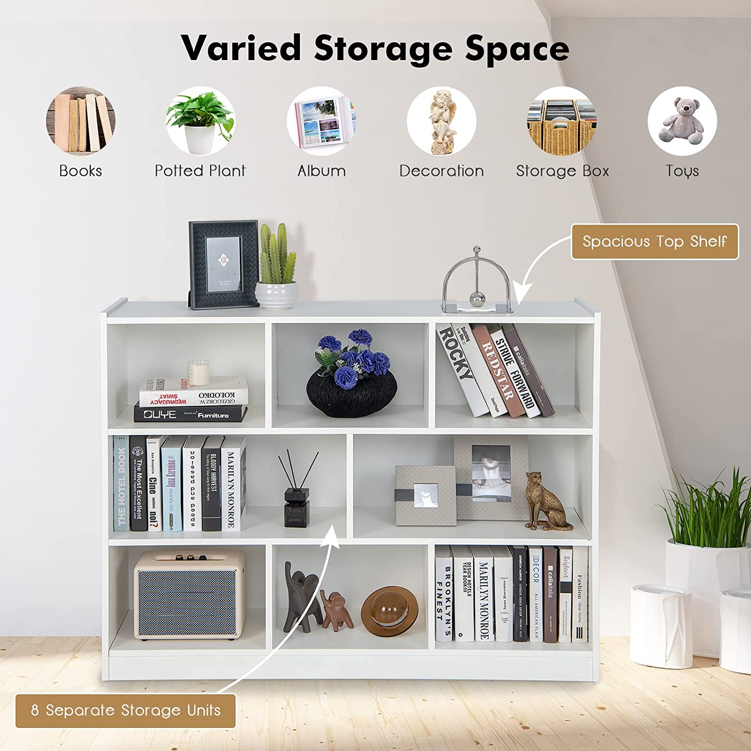 LOKO 3-Tier Open Shelf Bookcase, Floor Standing Wood Bookshelf for Bedroom, Living Room, Kids Room, 8 Cube Bookcase, 48 x 12.5 x 36.5 (Burlywood) - Image 21
