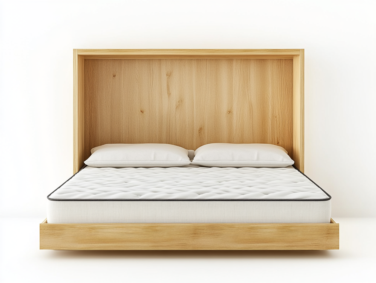Cama abatible vertical de madera natural con estructura robusta y colchón incluido 150x200cm