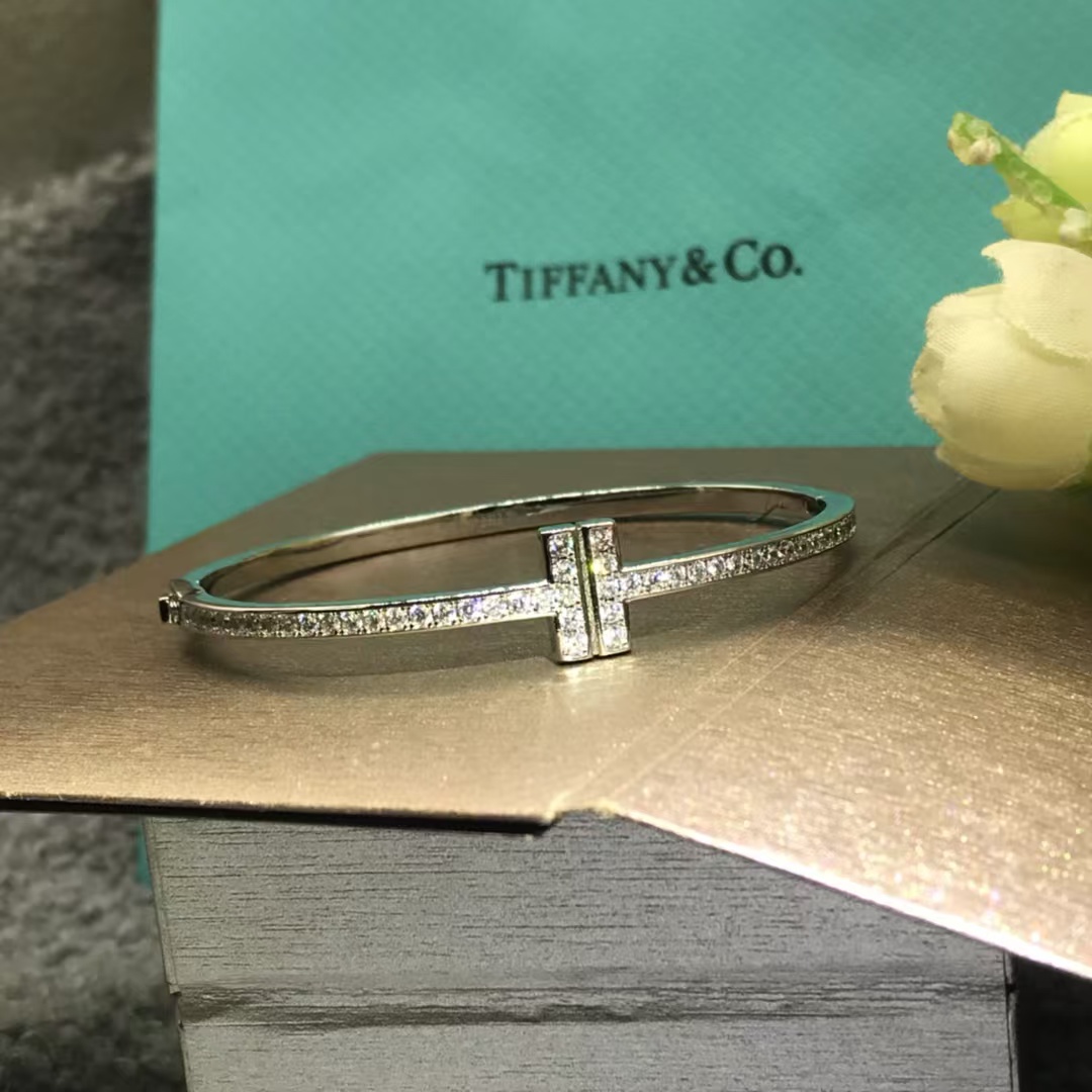 Tiffany Full Diamond Paved Double T Bangle Bracelet - Original Replica Club