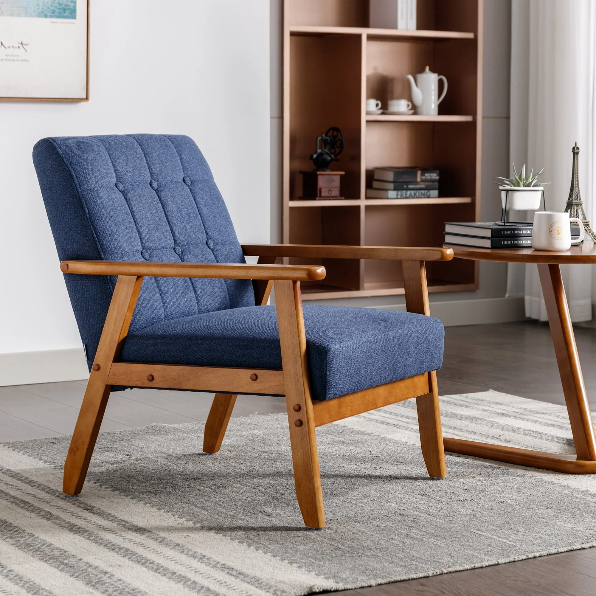 Ufurpie Mid Century Modern Armchair with Wood Frame,Linen Fabric Comfy Reading Chair,Accent Chair for Living Room Bedroom,Navy - Image 9