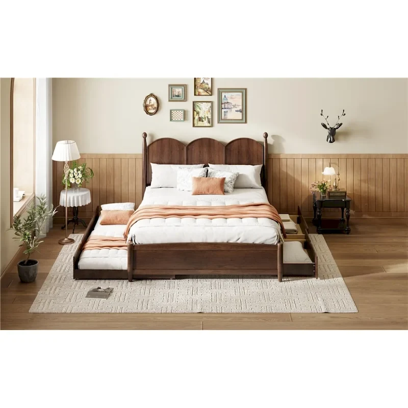 Queen Size Platform Bed with Vintage Headboard - Multifunctional Storage Frame Featuring Twin XL Trundle & 2 Drawers