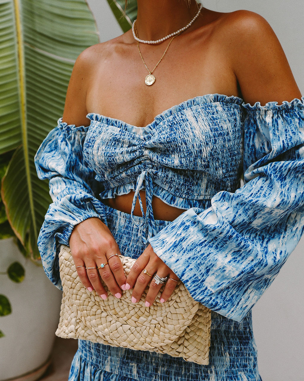 Blue Waves Off The Shoulder Smocked Crop Top - FINAL SALE - Se7enfashion