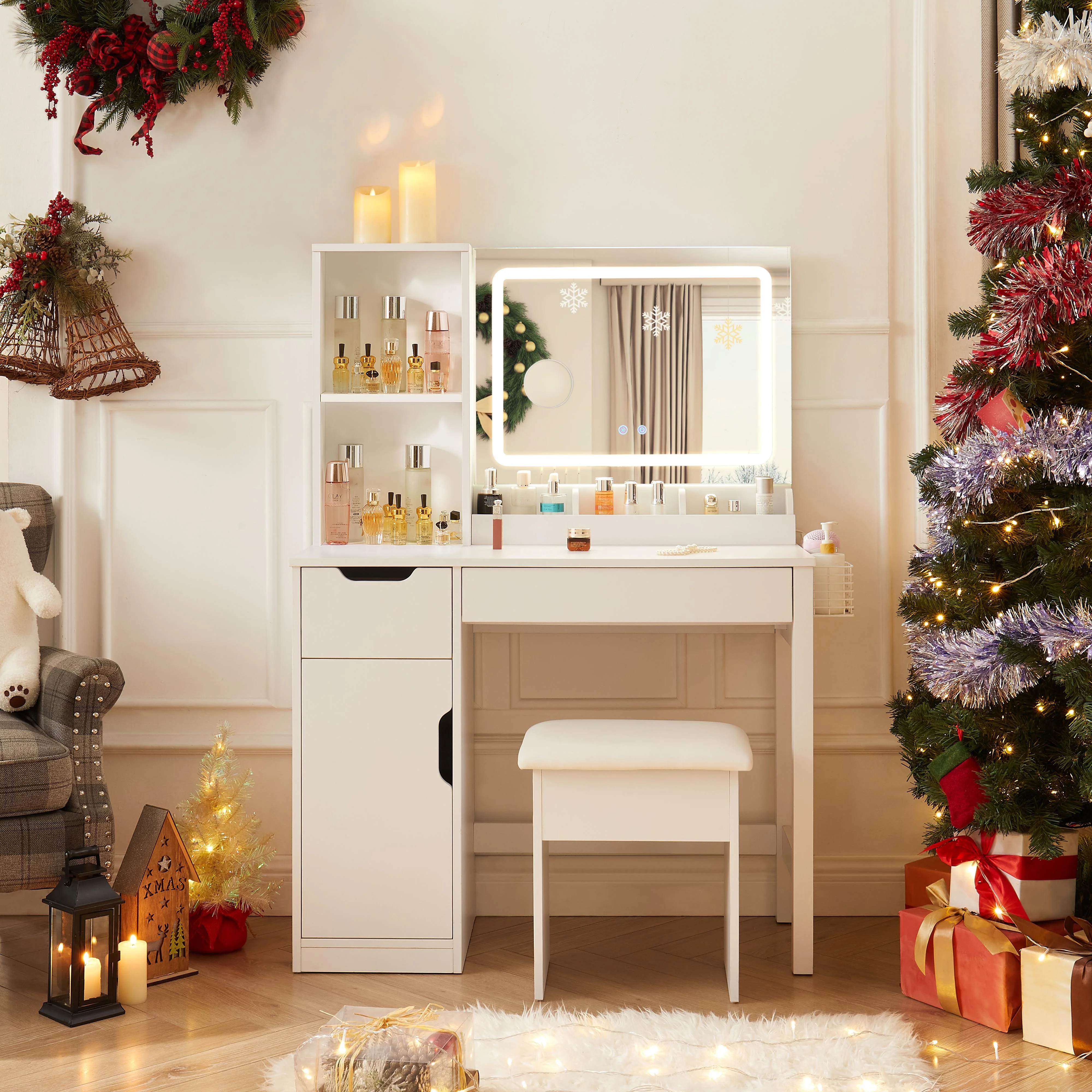 Mainstays Get Ready with Me GRWM Deluxe 2-Piece Vanity and Stool with Lighted Mirror and USB Power, White Finish - Image 26