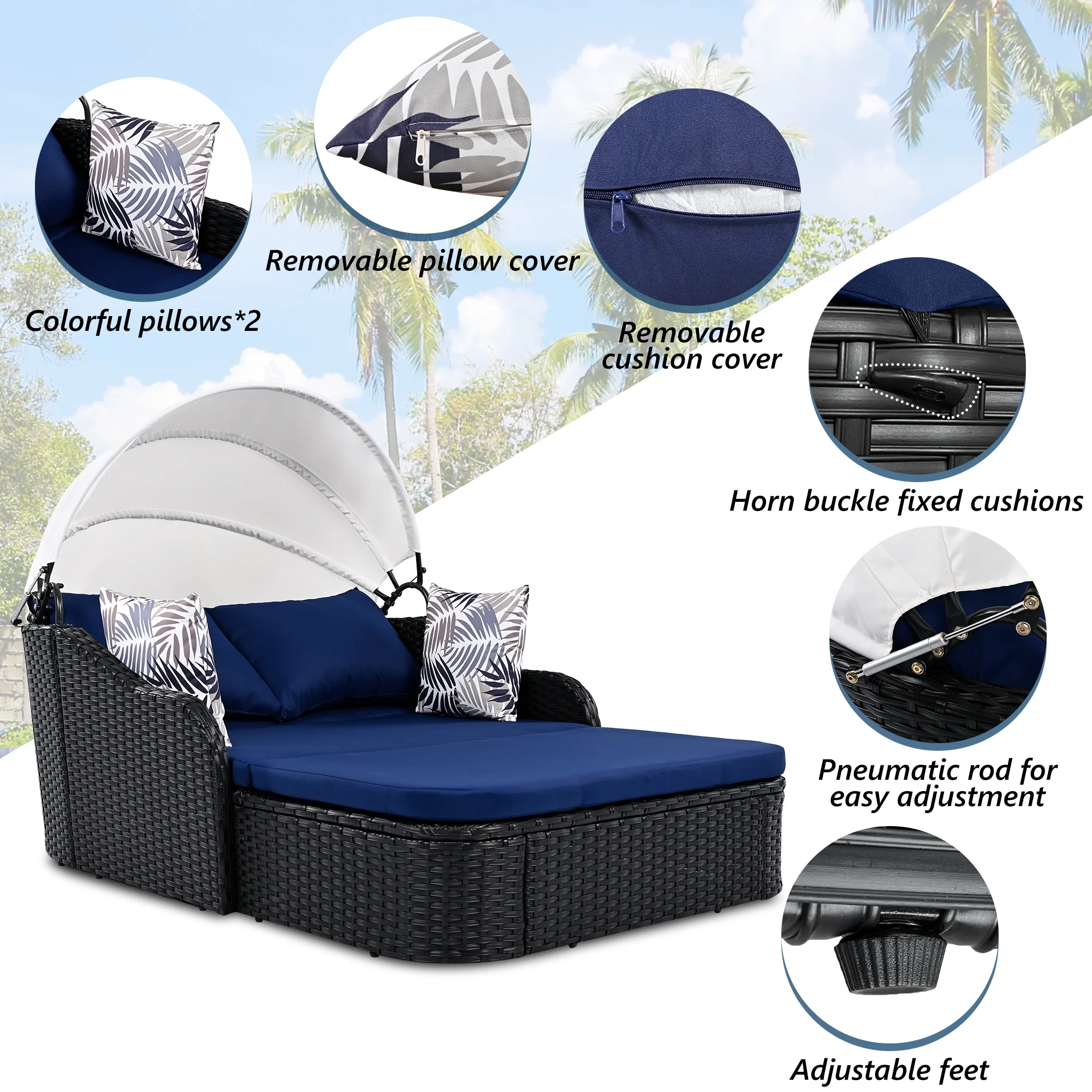 Harper & Bright Designs Rattan Outdoor Double Lounge Chaise 2-Person PE Wicker Outdoor Patio Sunbed with Canopy Cover for Backyard Garden Balcony, Beige+Black - Image 74