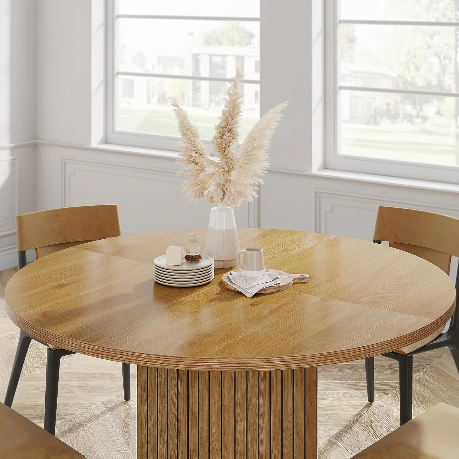 Tribesigns Round Dining Table for 4 People, 47 inch Kitchen Table with Heavy Duty Pedestal Base Circle Oak Tabletop for Kitchen Living Room, Oak - Image 5