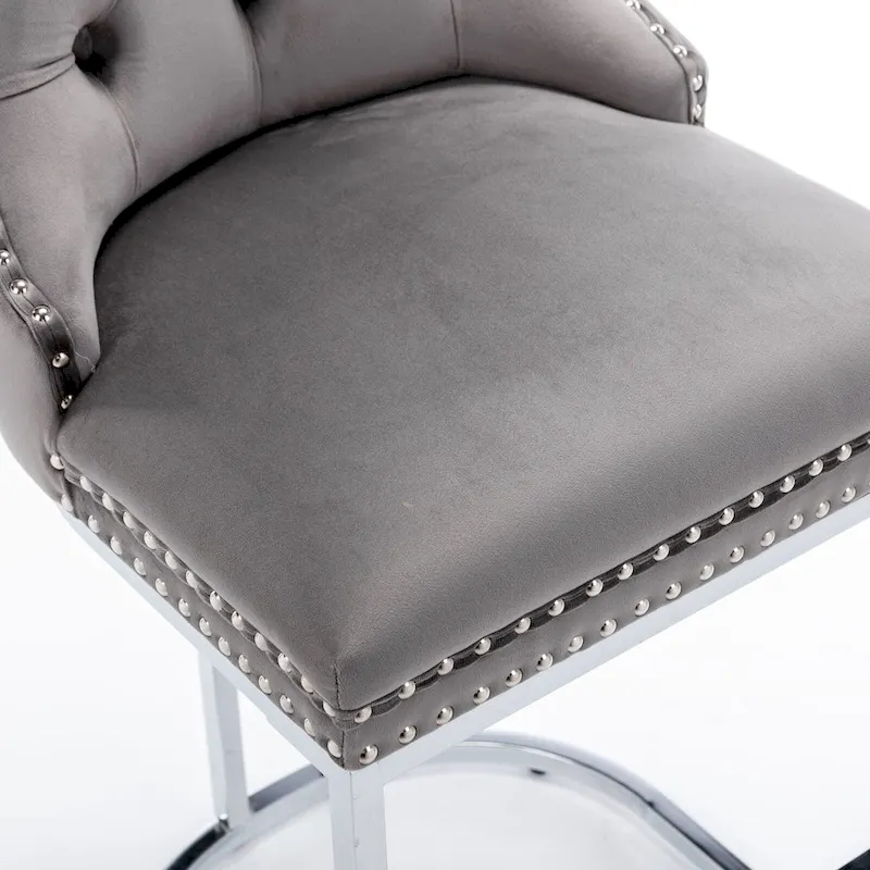 Contemporary Set of 2 Bar Stools with Button-Tufted Back and Studded Trim, Chrome Metal Base - Ideal for Dining Room, Living Room, and Bedroom