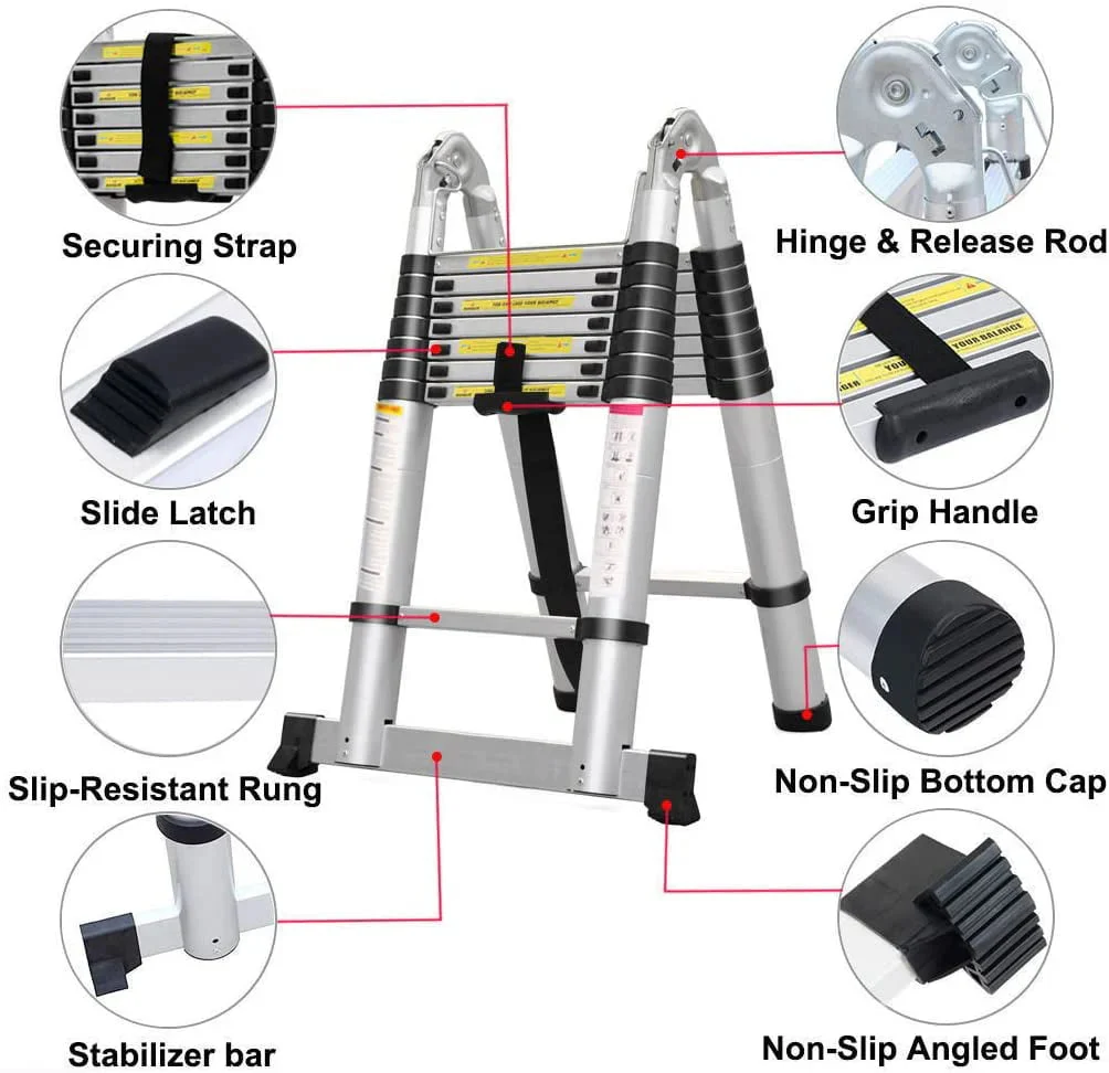 Bowoshen Telescopic Ladder 16.5 ft Aluminum 8 x 2 Steps 330 lb - Image 2 Bowoshen Telescopic Ladder 16.5 ft Aluminum 8 x 2 Steps 330 lb - Image 2