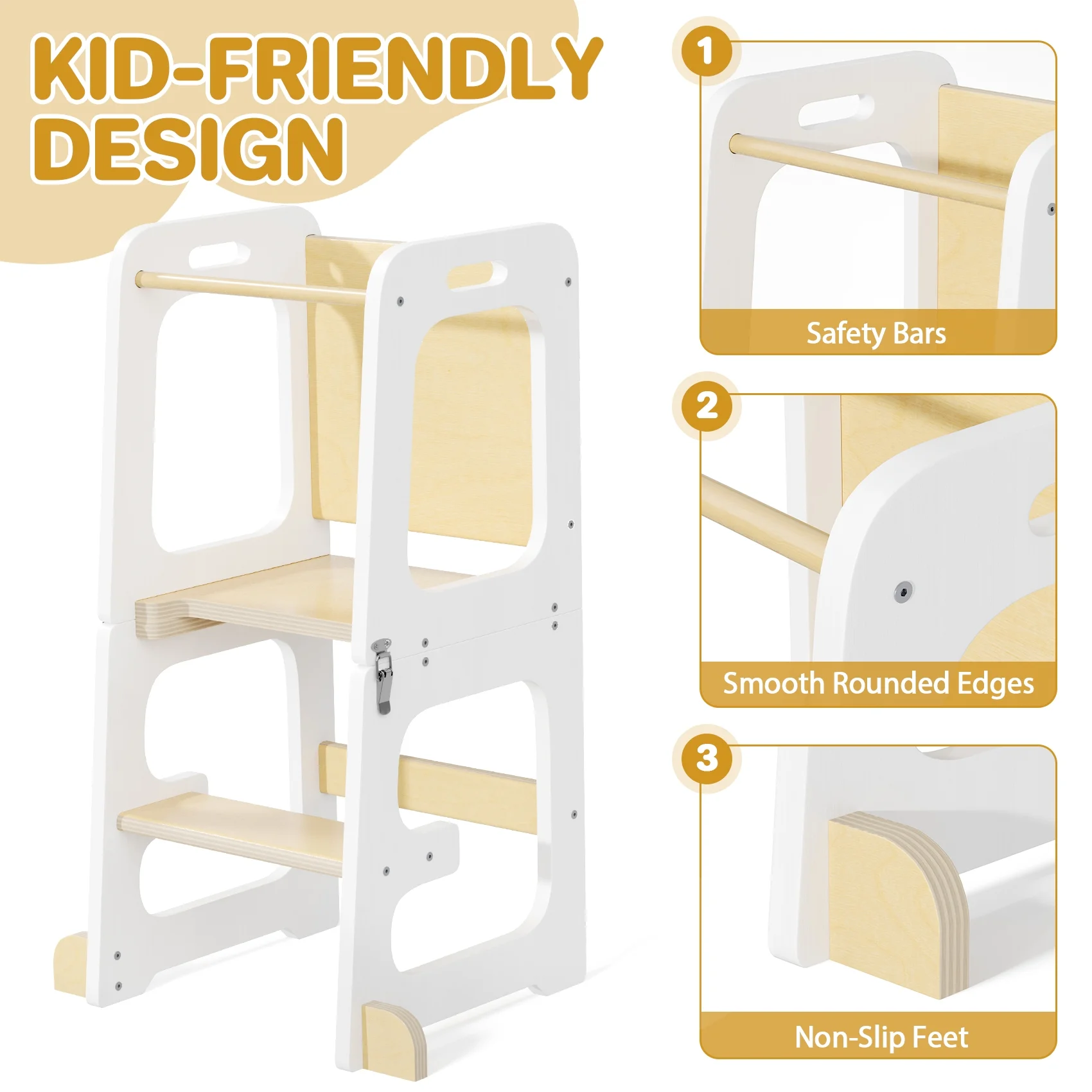 JOZ Kitchen Toddlers Step Stool, Montessori Kids Learning Stool, Foldable Toddler Tower for Counter, Standing Helper for Children, 3 Adjustable Heights, Wooden, White - Image 22