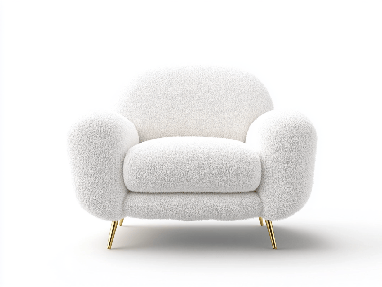 Sillón tapizado 85×80×78 cm – borreguillo blanco con patas metálicas doradas – diseño redondeado moderno