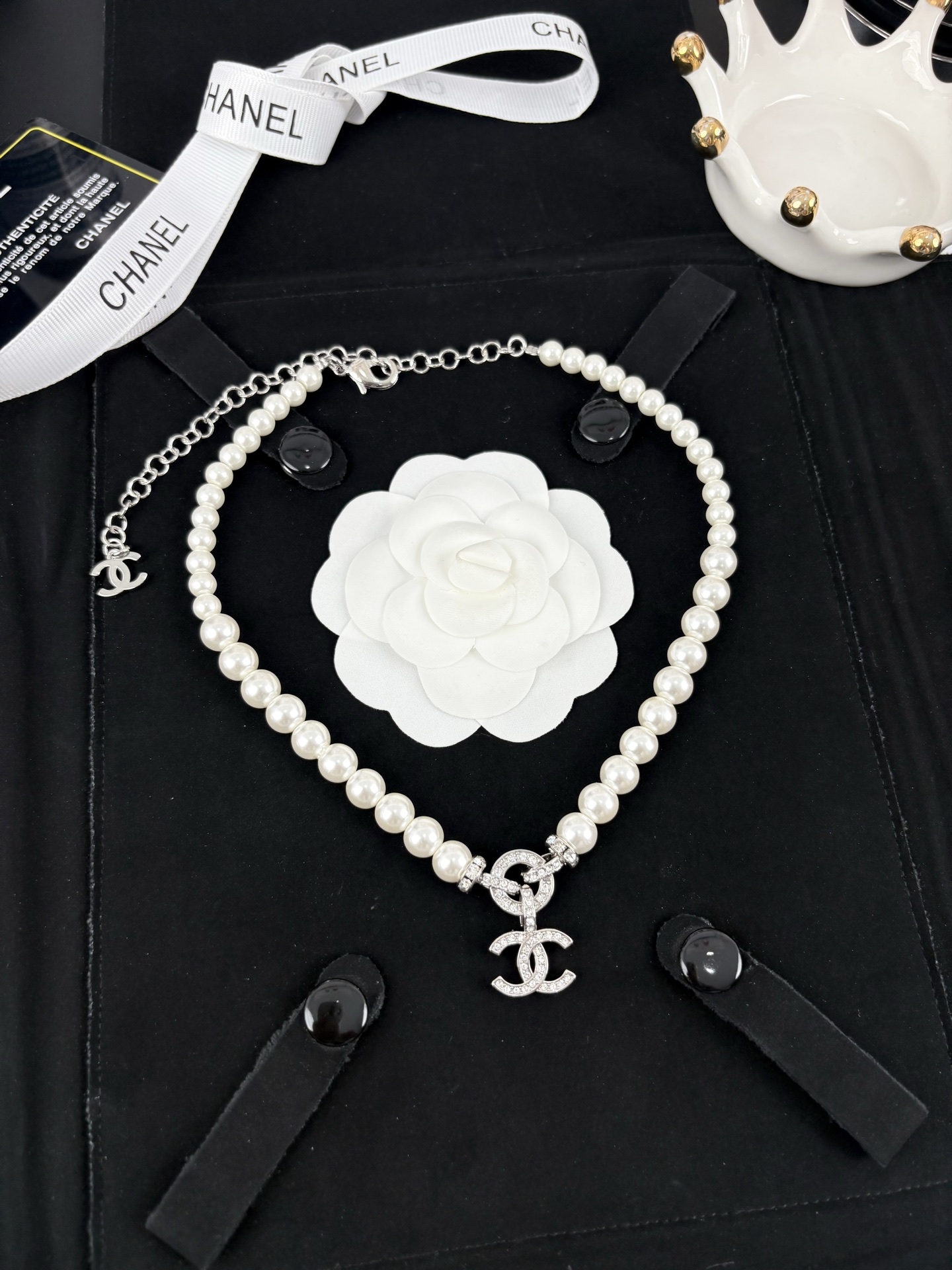 Chanel Pearl Necklace with Diamond Paved CC Pendant - Original Replica Club