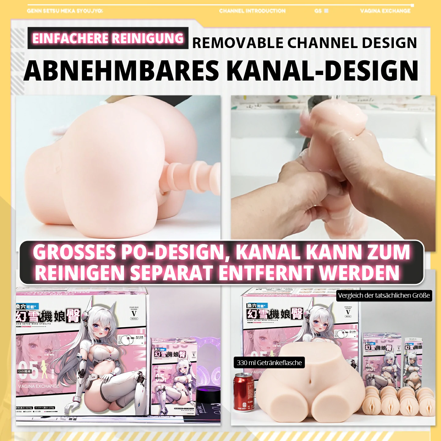Dr.YUU Po-Masturbator mit herausnehmbarem, separat abwaschbarem Innenkanal und Größenvergleich neben einer 330-ml-Getränkedose