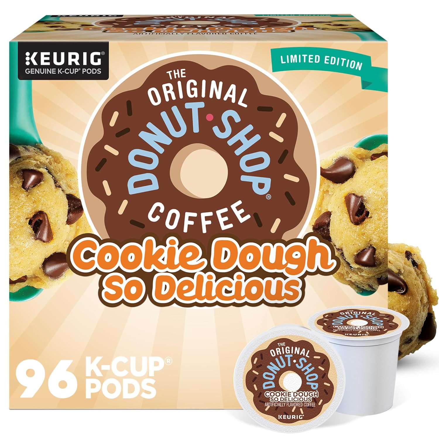 The Original Donut Shop Cookie Dough So Delicious. Keurig Single Serve K-Cup Pods. Flavored Coffee. 96 Count