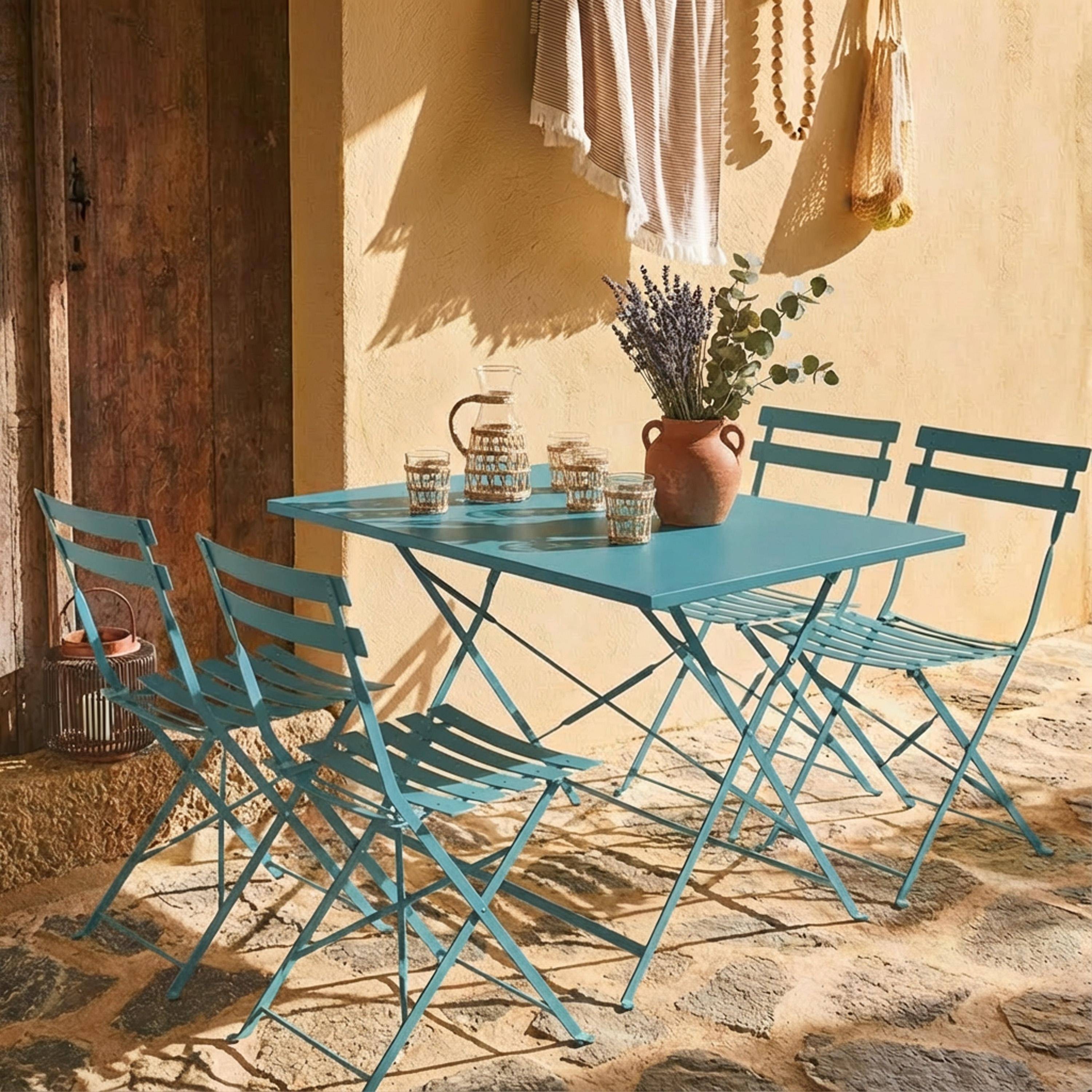 Emilia - Set mesa de jardín bistró plegable de acero con 4 sillas, 110cm