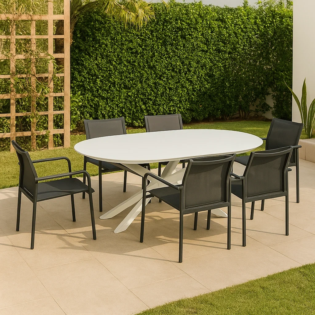 Conjunto de Comedor de Jardín Ovalado para 6 Personas, Estructura de Acero, Incluye 1 Mesa y 6 Sillas con Respaldo de Tela, Color Blanco y Gris - BhvMZYF185Br