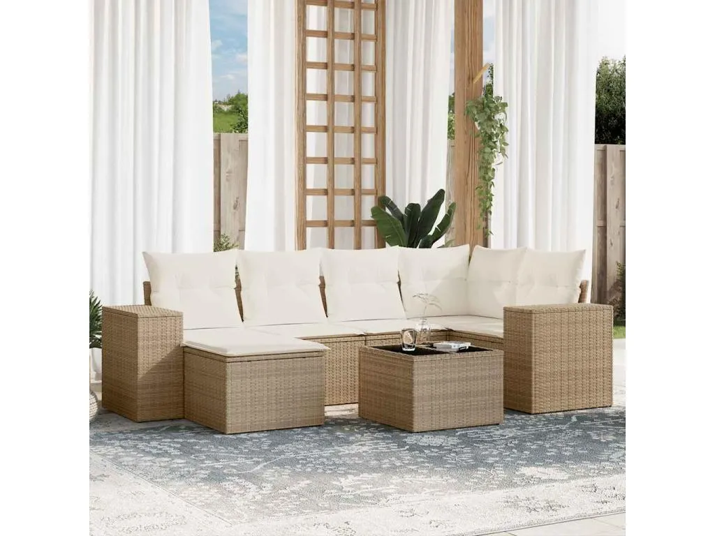 Set sofás de jardín 7 piezas y cojines ratán sintético beige 66901ftzm