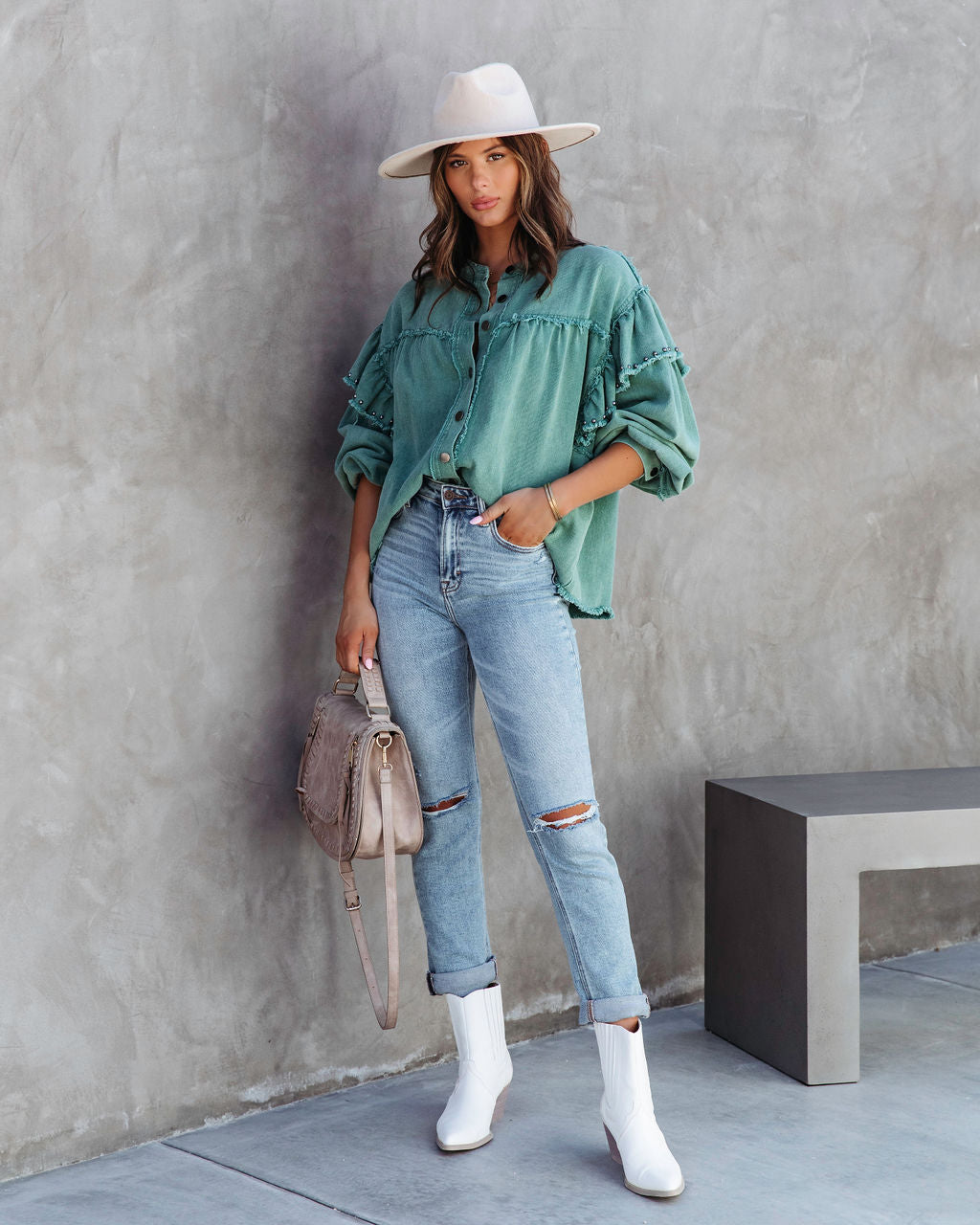 Darcey Denim Studded Frayed Lightweight Jacket - Jade Green - SALE - Se7enfashion