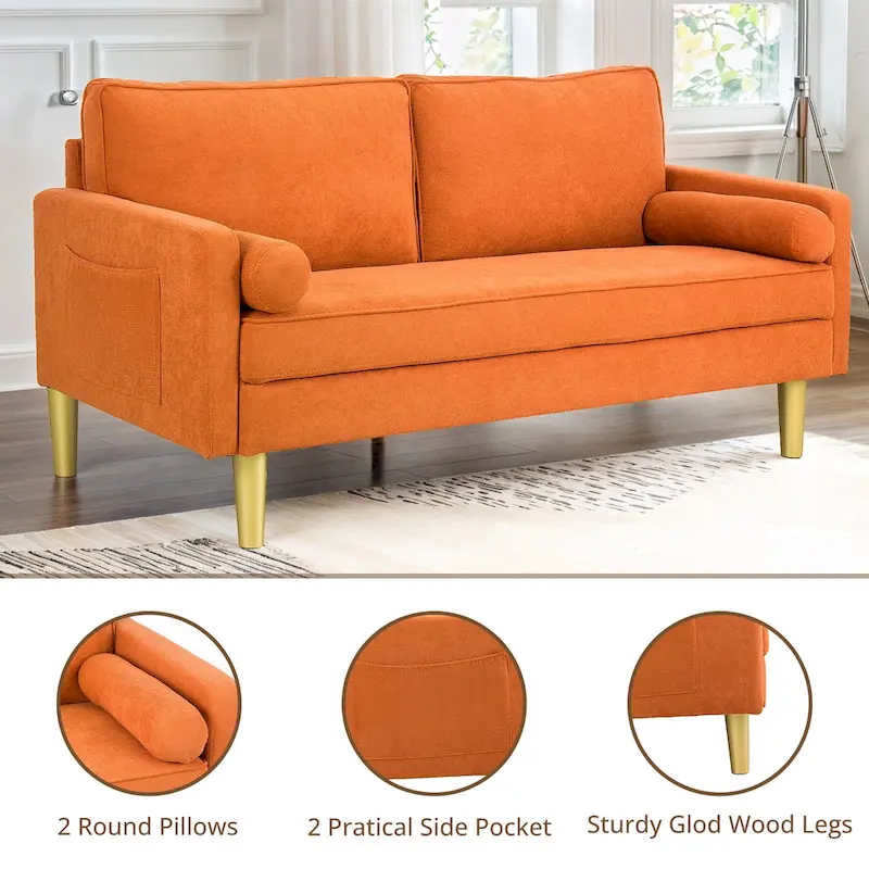 Elegant 65-Inch Orange Polyester 2-Seater Loveseat with Side Pockets and Round Cushions