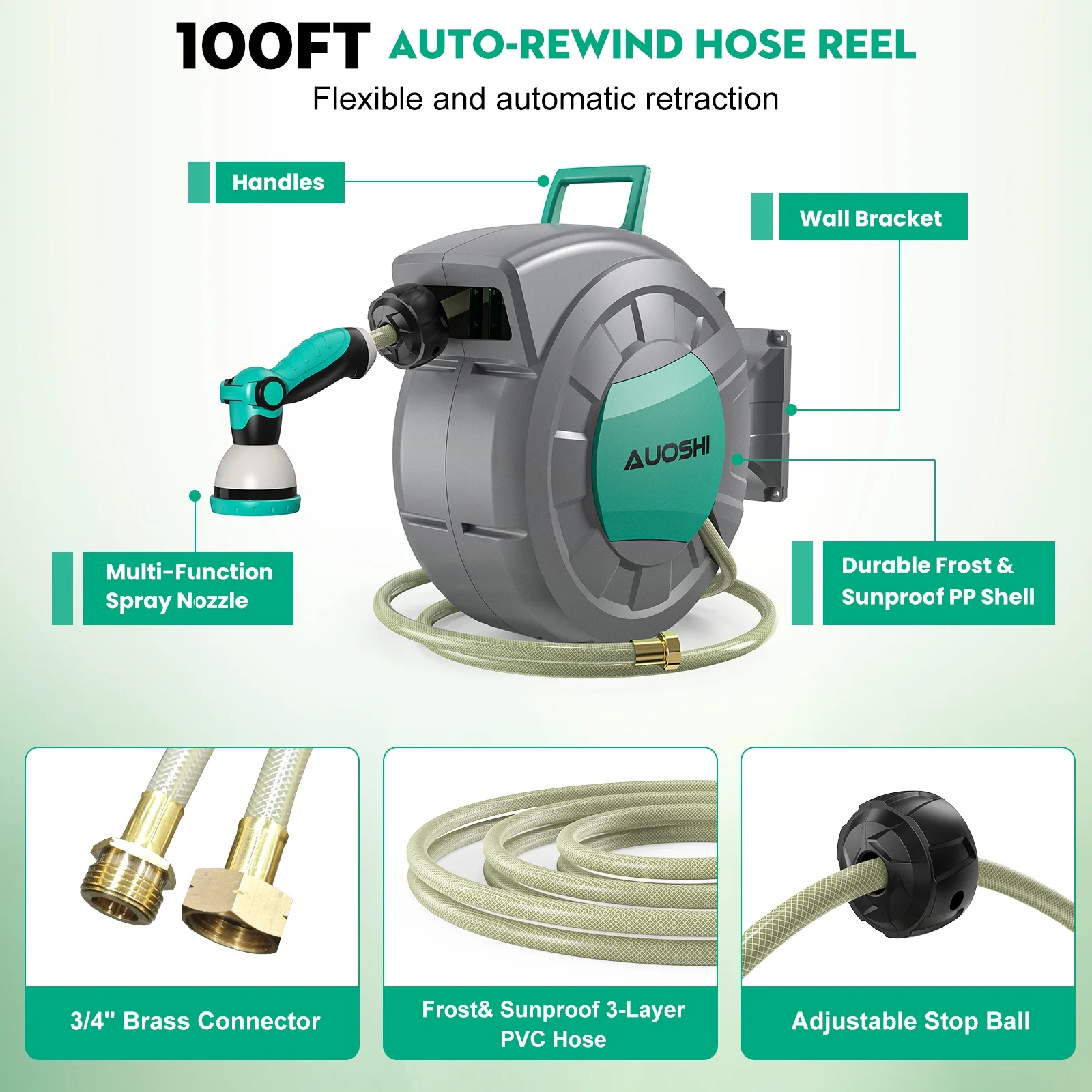 AUOSHI Retractable Garden Hose Reel 1/2" 100ft Automatic Hose Reel with 10 Function Sprayer Nozzle Wall Mount 180 Deg Swivel Bracket Hose Reel with Any Length Lock Slow Return System - Image 4