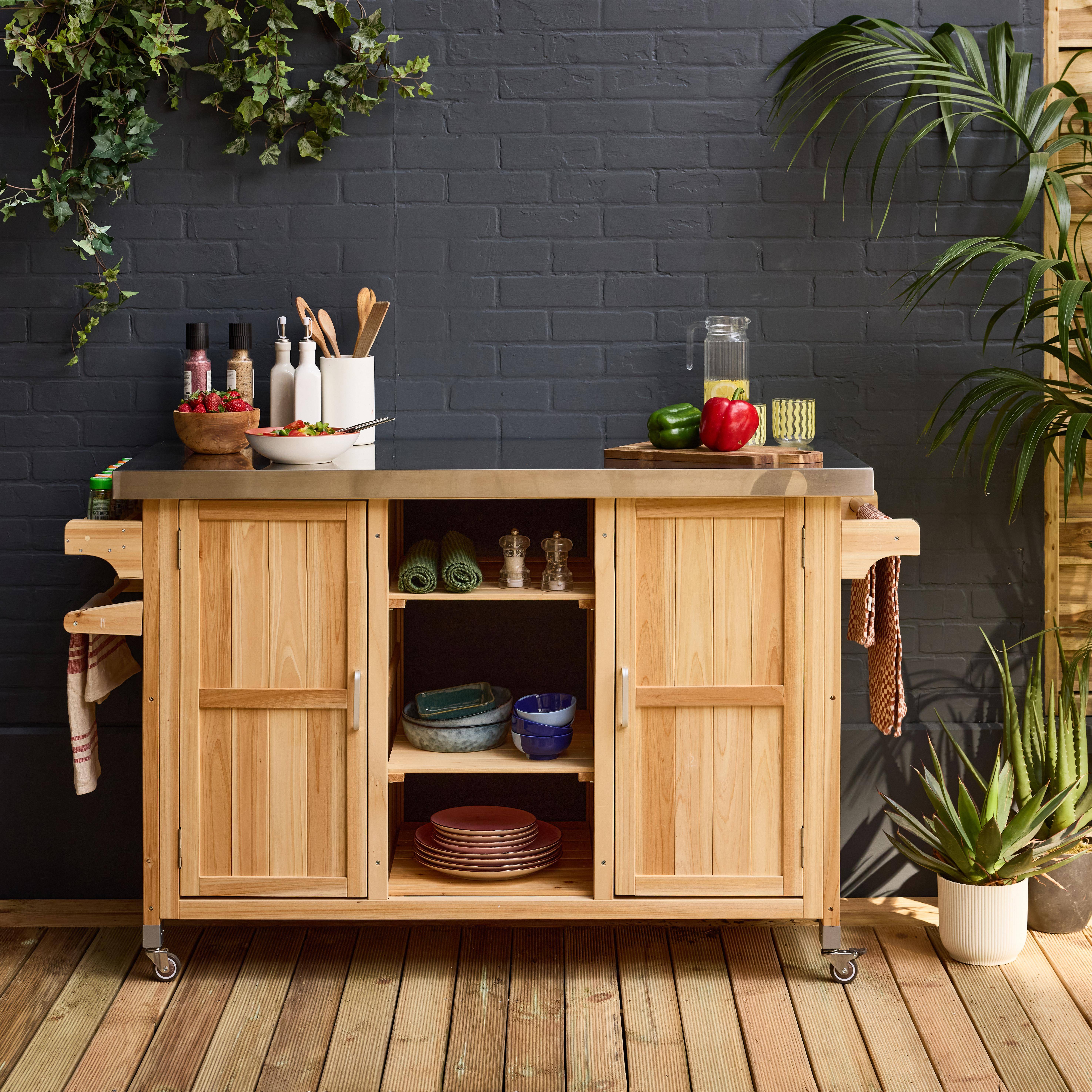 Lotus - Carrito de cocina exterior de madera de abeto 130cm con asas, 7 espacios de almacenamiento