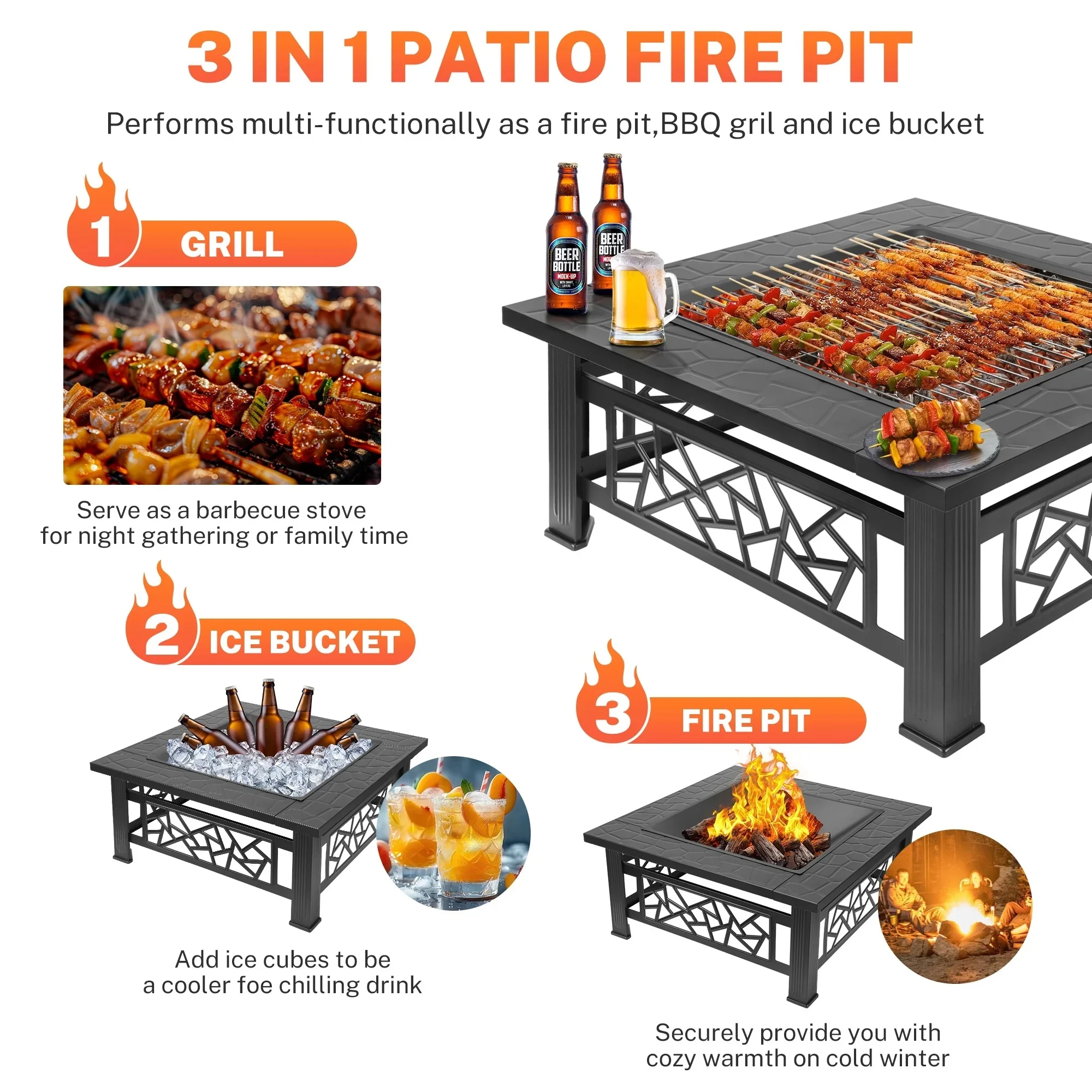 32" Fire Pits for Outside, SYNGAR Wood Burning Bonfire Fire Pit Table with Mesh Lid, Grate, BBQ Grill and Poker, Outdoor Metal Square Fire Pit for BBQ, Camping, Picnics, Backyard - Image 3