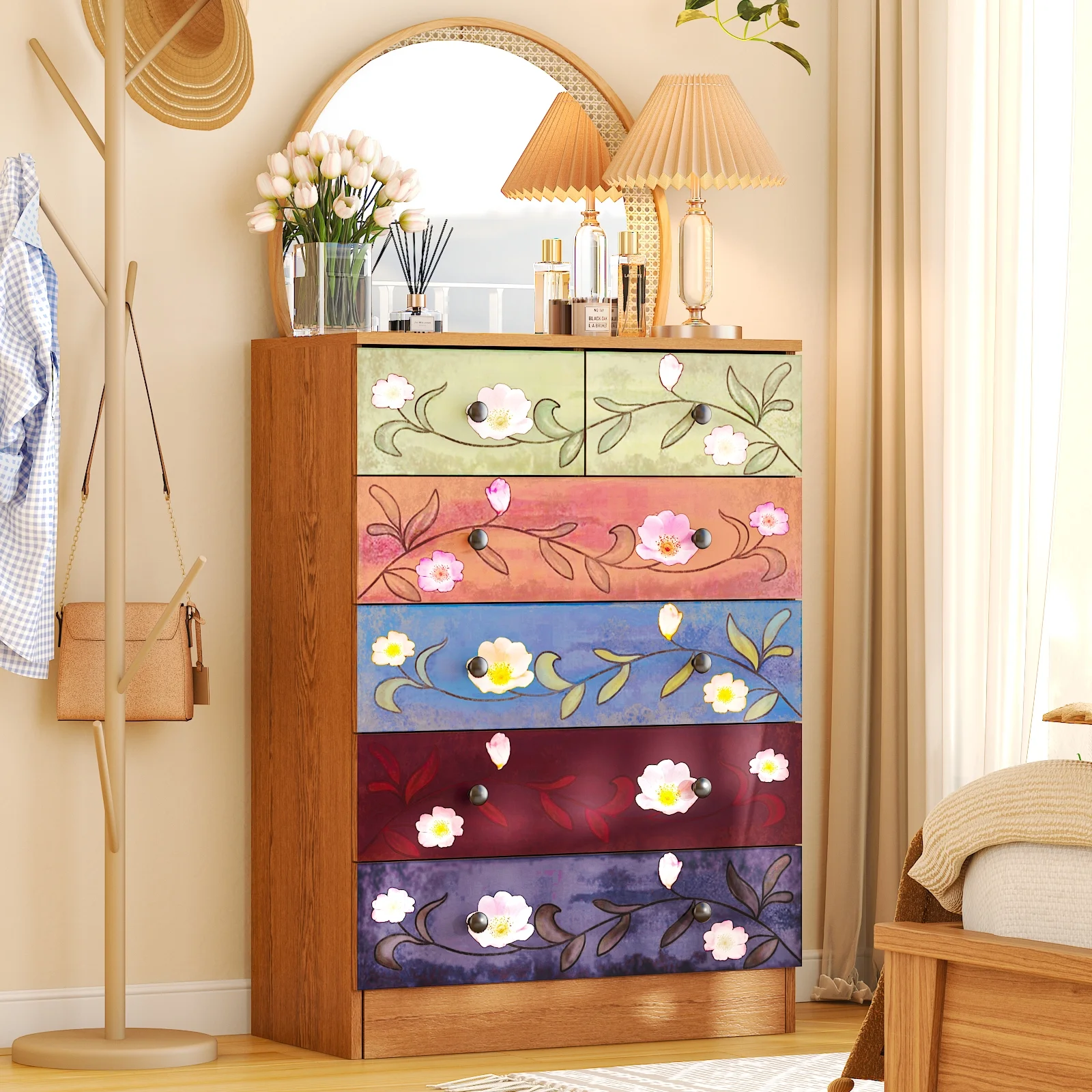 Ktaxon Wood 6-Drawer Dresser Organizer for Bedroom Storage Tower for Entryway Hallway Closet, Tall Chest Organizer Unit with Wood Bins, Floral Painted Wooden - Image 2